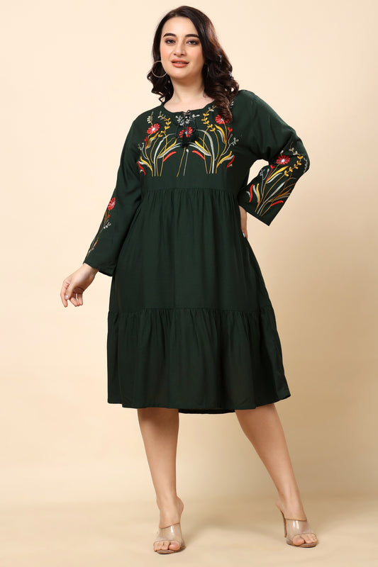 Forest Green Plus Size Embroidered Tiered Midi Dress for Women