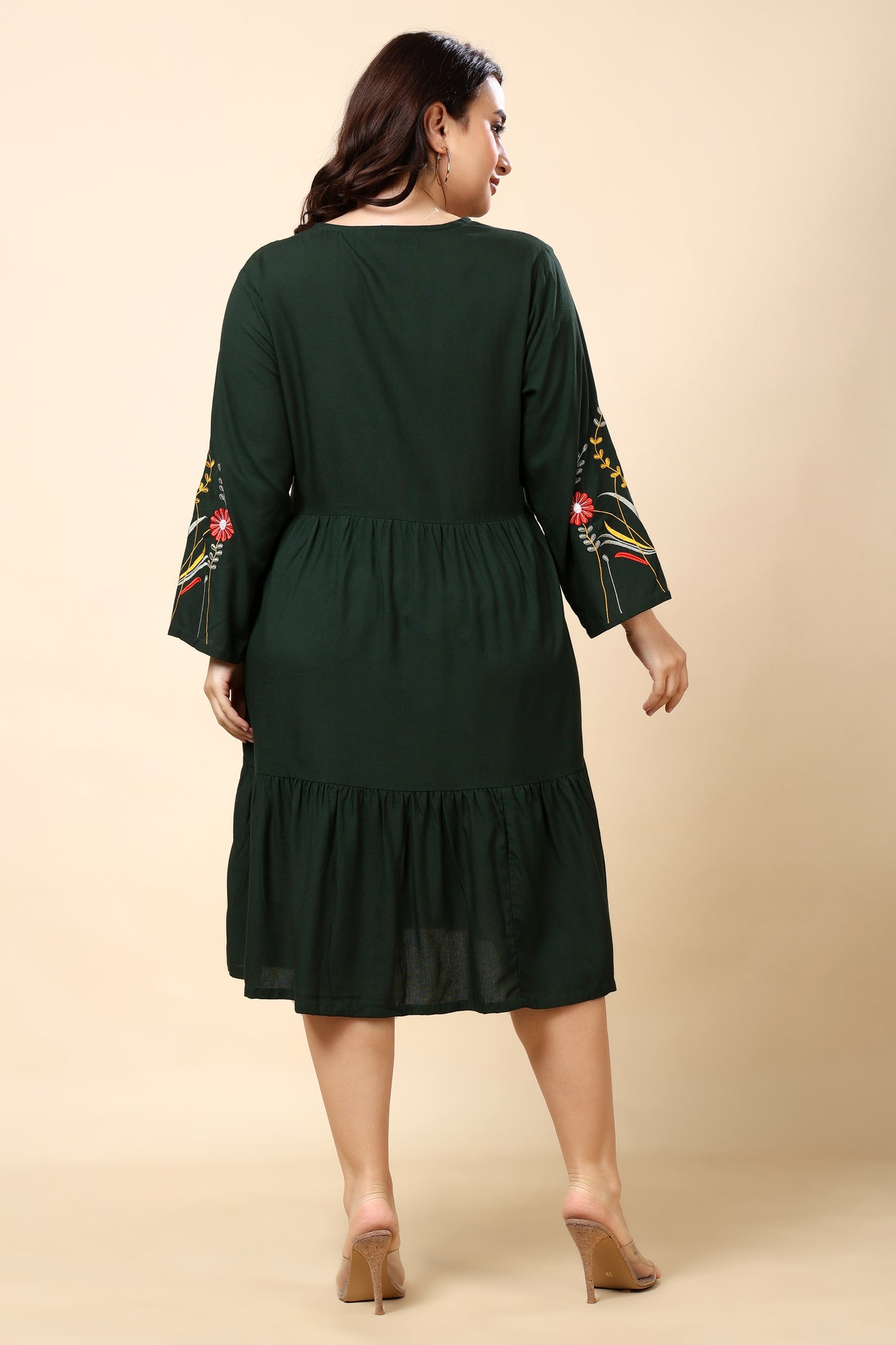 Forest Green Plus Size Embroidered Tiered Midi Dress for Women