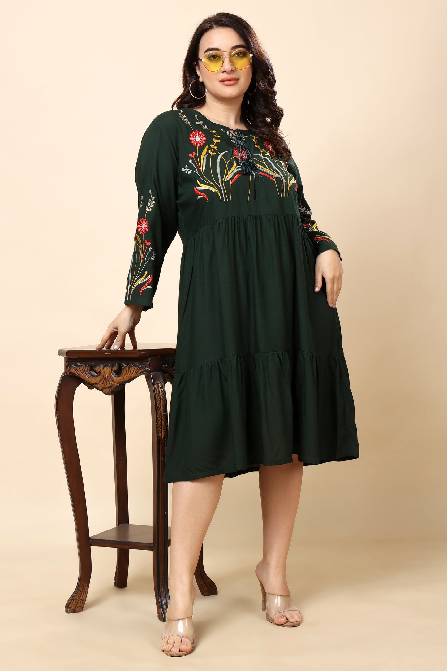 Forest Green Plus Size Embroidered Tiered Midi Dress for Women