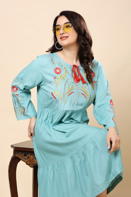 Aqua Blue Embroidered Tiered Midi Dress for Women (Sizes S to 6XL)