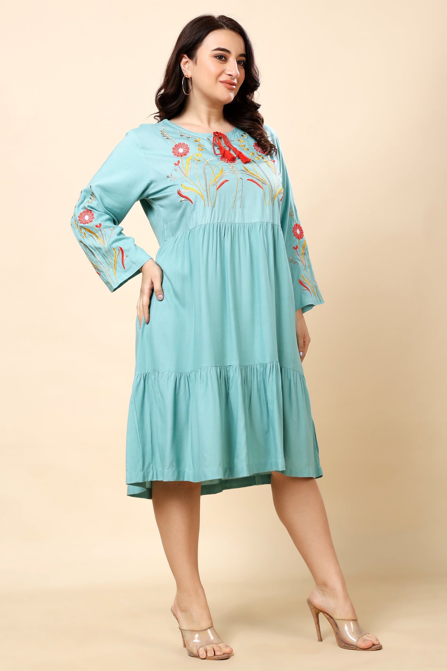 Aqua Blue Embroidered Tiered Midi Dress for Women (Sizes S to 6XL)