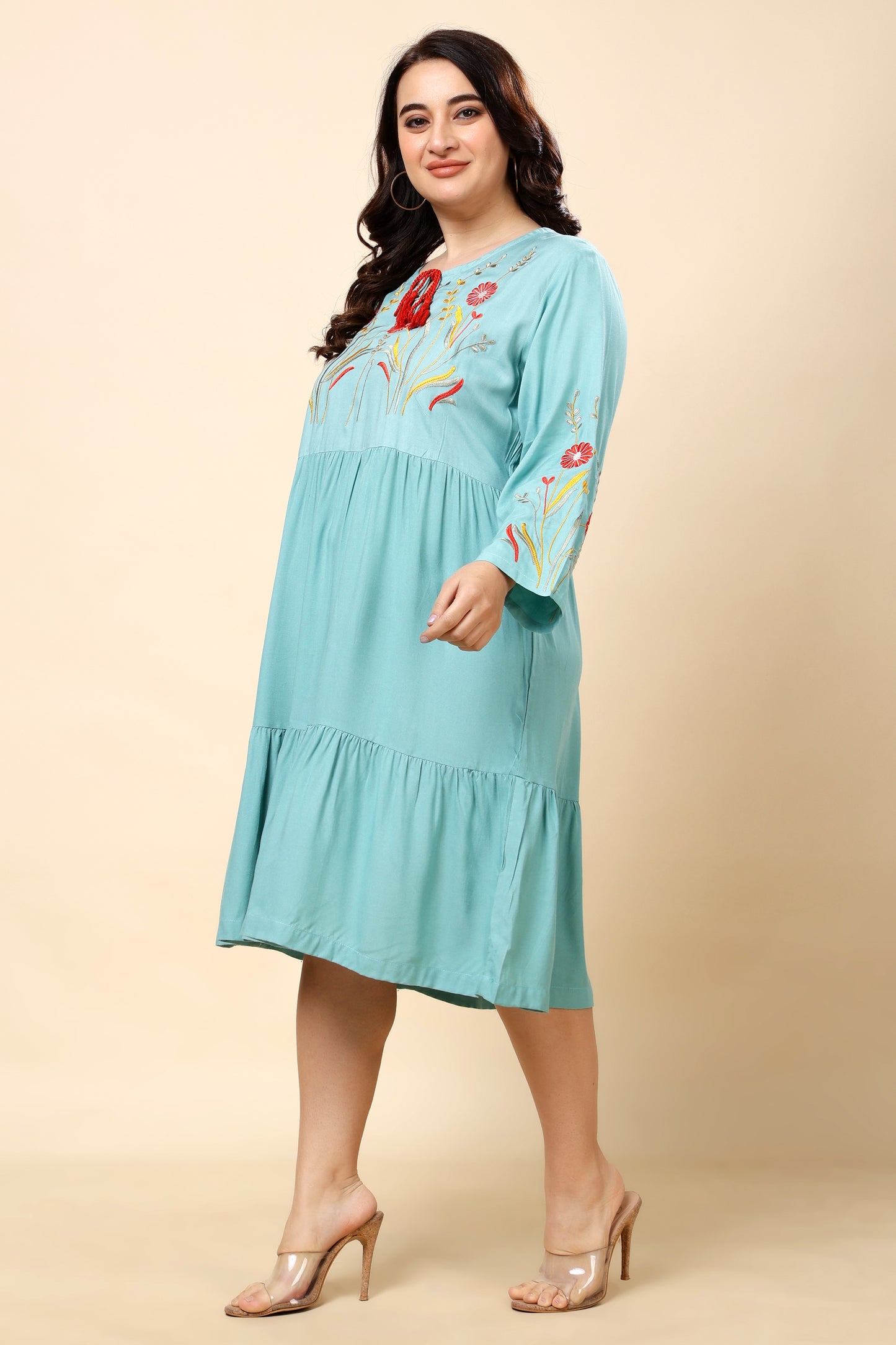 Aqua Blue Embroidered Tiered Midi Dress for Women (Sizes S to 6XL)