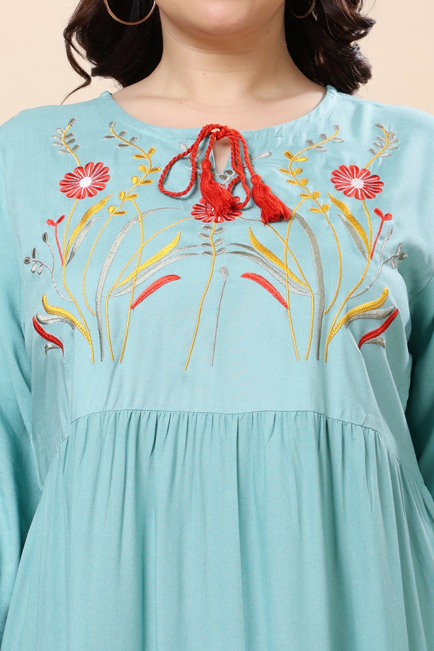 Aqua Blue Embroidered Tiered Midi Dress for Women (Sizes S to 6XL)