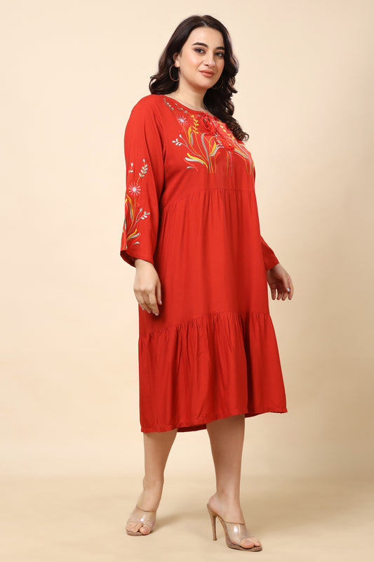 Red Embroidered Tiered Midi Dress for Women (Sizes S to 6XL)