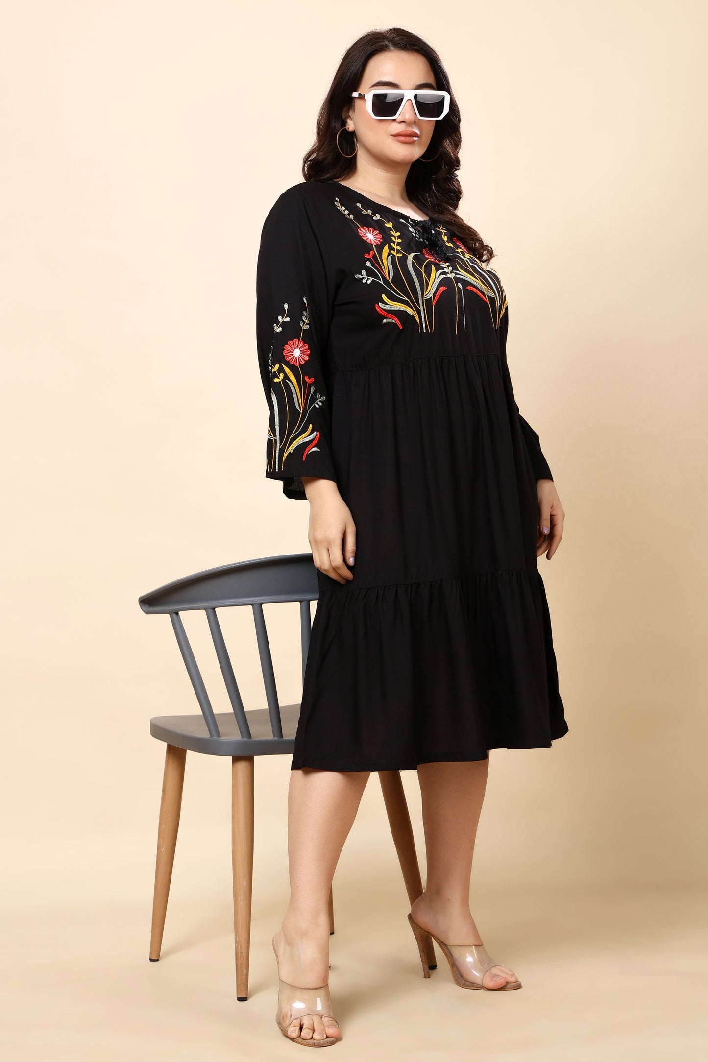 Black Embroidered A-Line Midi Dress for Women (Sizes S to 6XL)