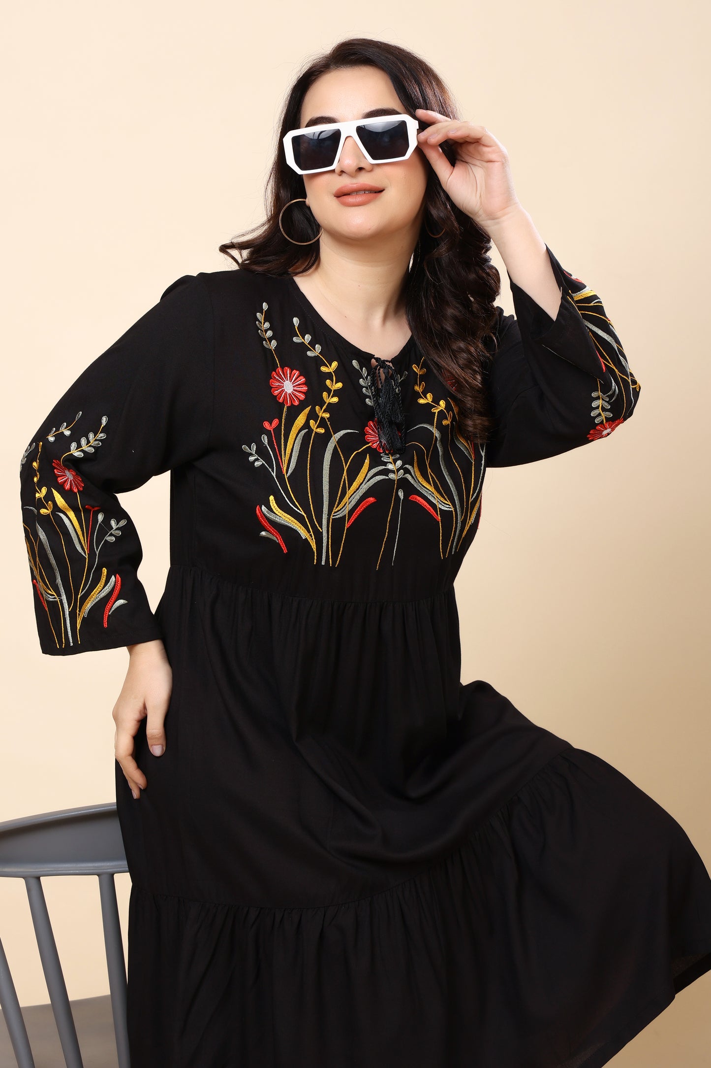 Black Embroidered A-Line Midi Dress for Women (Sizes S to 6XL)