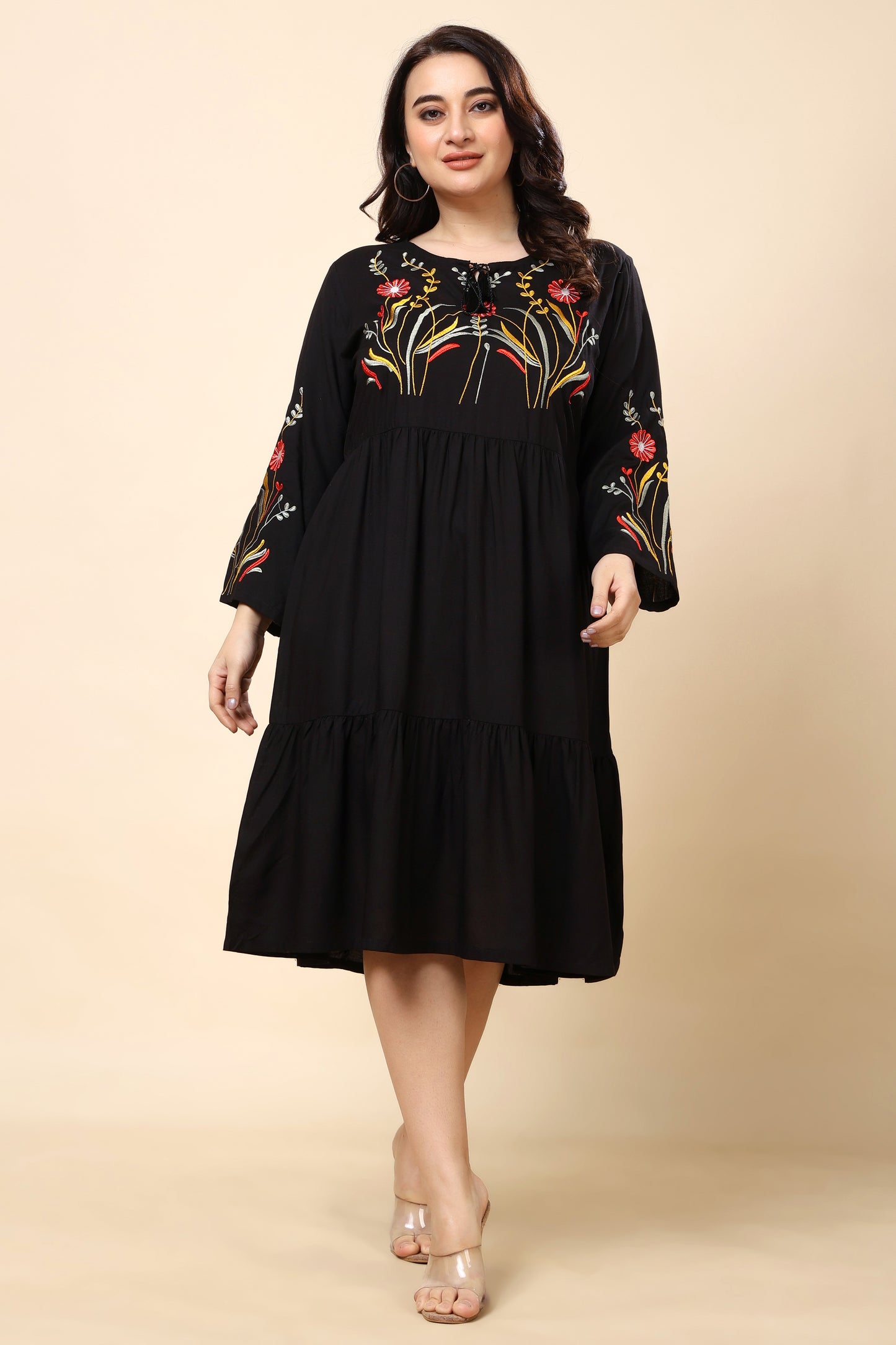 Black Embroidered A-Line Midi Dress for Women (Sizes S to 6XL)