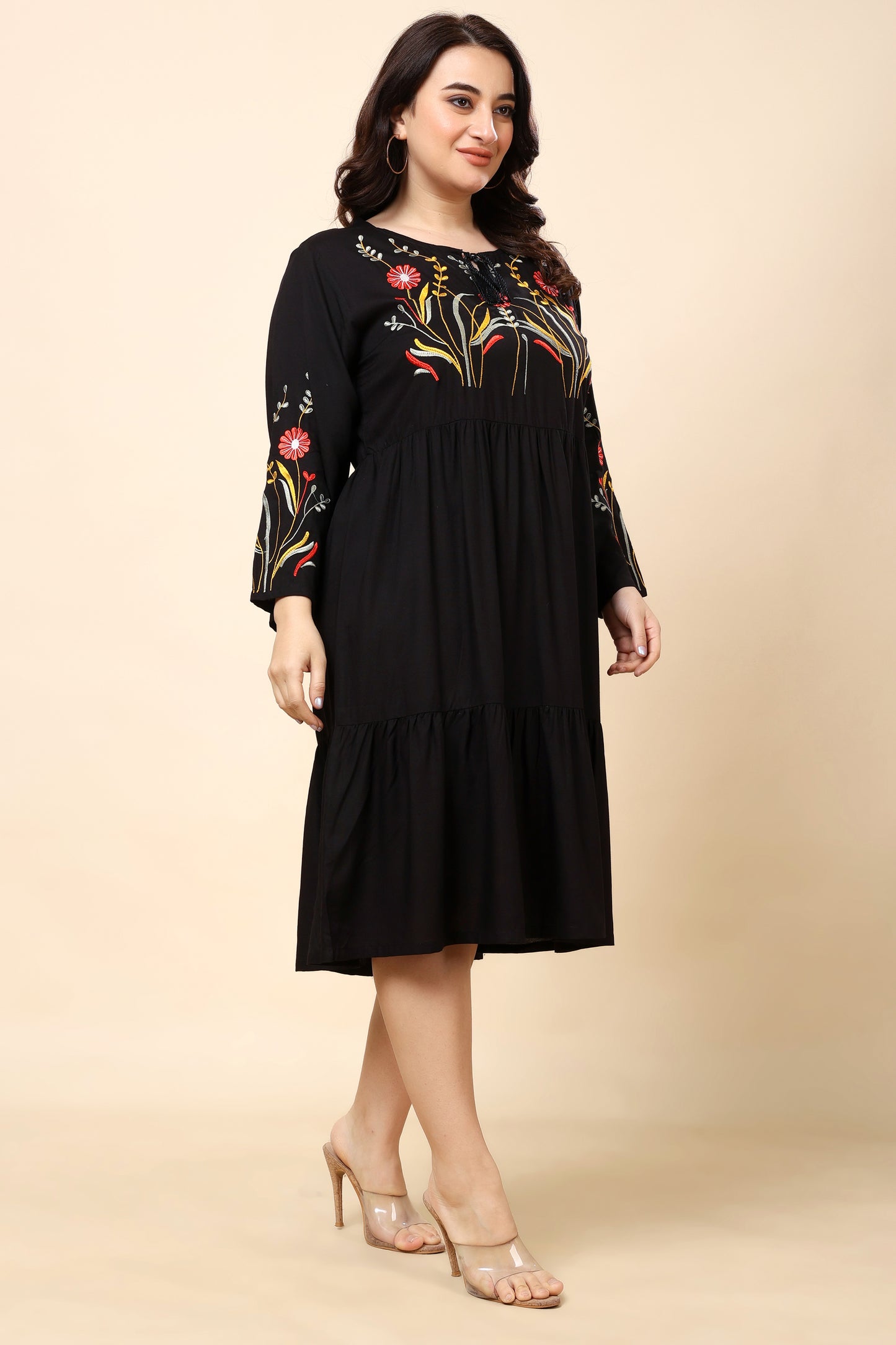Black Embroidered A-Line Midi Dress for Women (Sizes S to 6XL)