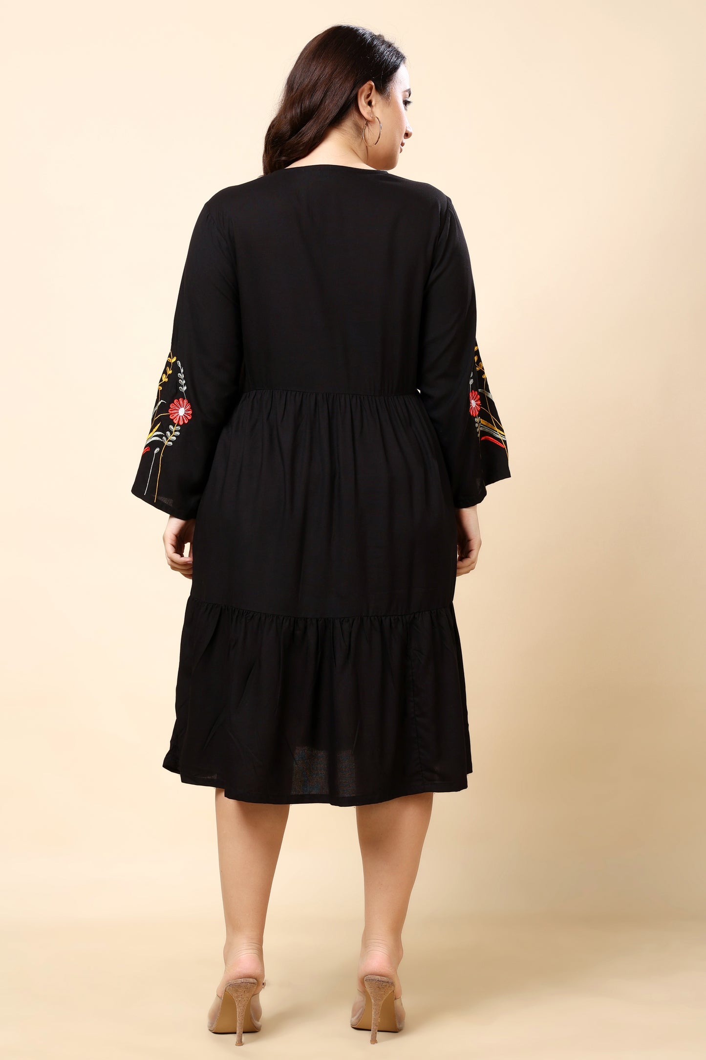 Black Embroidered A-Line Midi Dress for Women (Sizes S to 6XL)