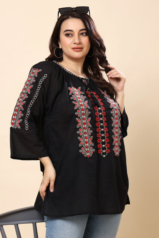 Black Embroidered Boho Top for Women – 3/4 Sleeves | Sizes S to 6XL | Casual & Everyday Wear