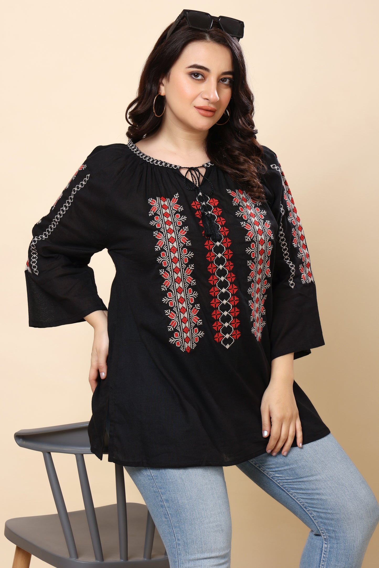 Black Embroidered Boho Top for Women – 3/4 Sleeves | Sizes S to 6XL | Casual & Everyday Wear