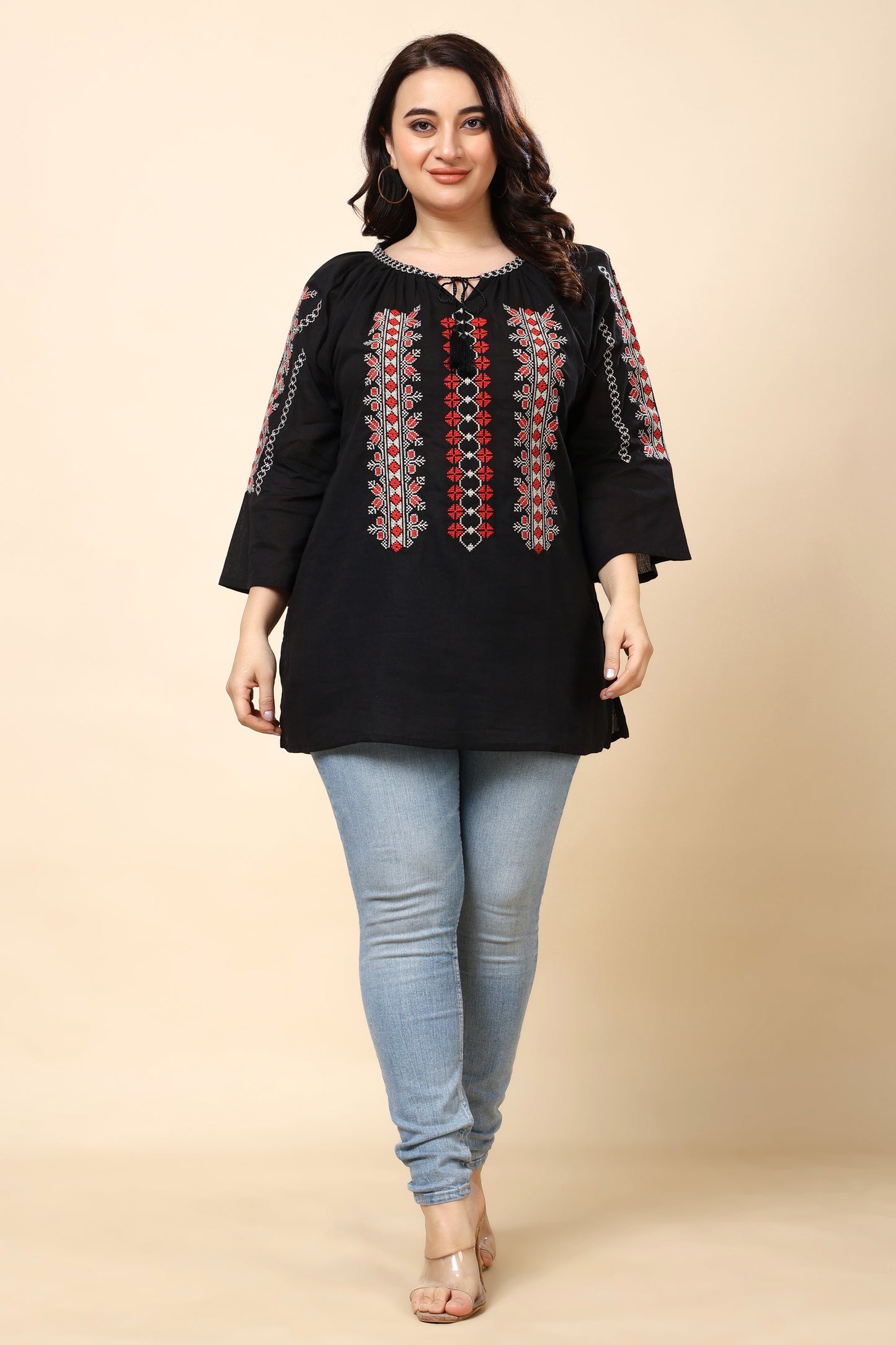 Black Embroidered Boho Top for Women – 3/4 Sleeves | Sizes S to 6XL | Casual & Everyday Wear