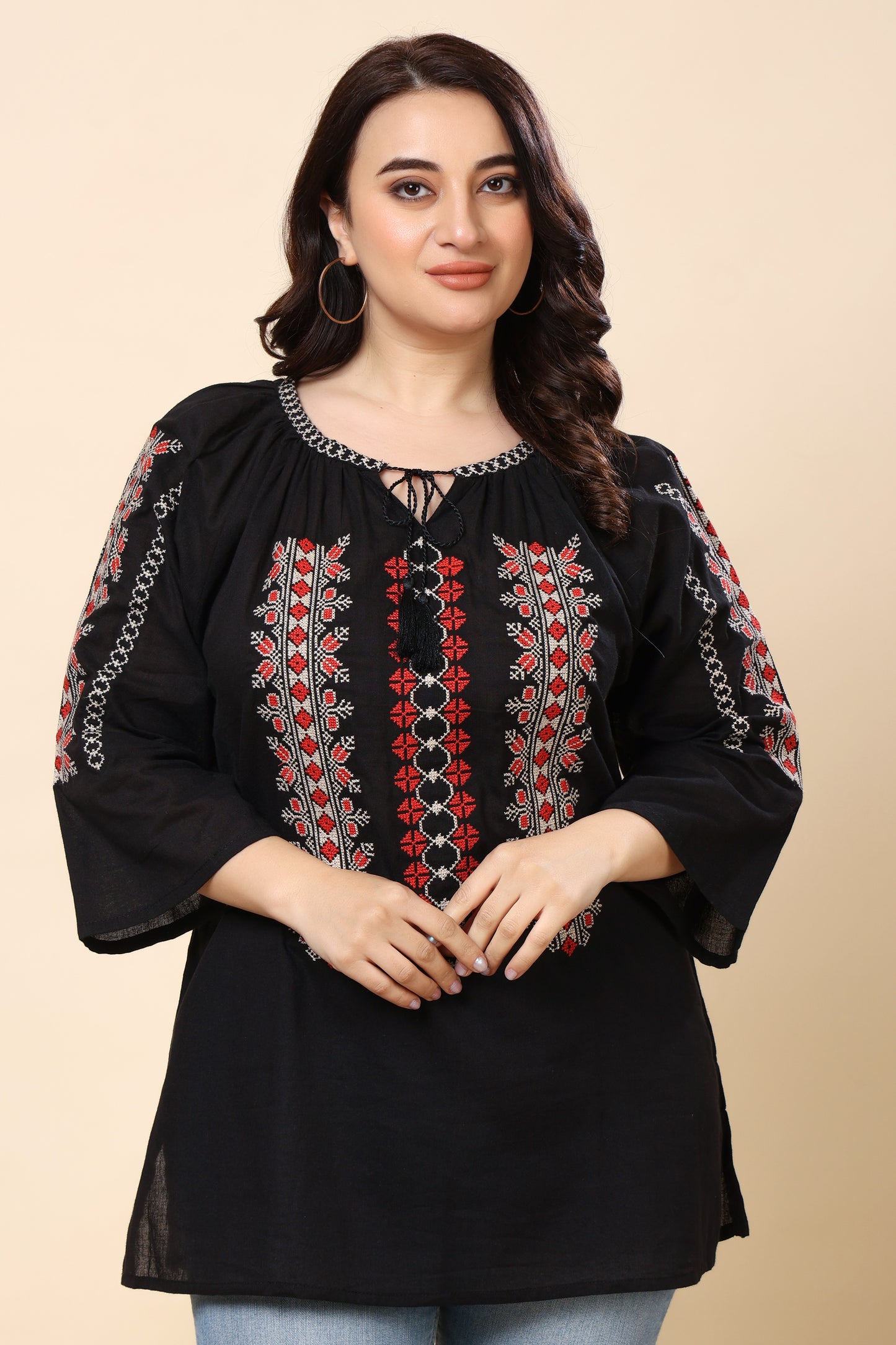 Black Embroidered Boho Top for Women – 3/4 Sleeves | Sizes S to 6XL | Casual & Everyday Wear