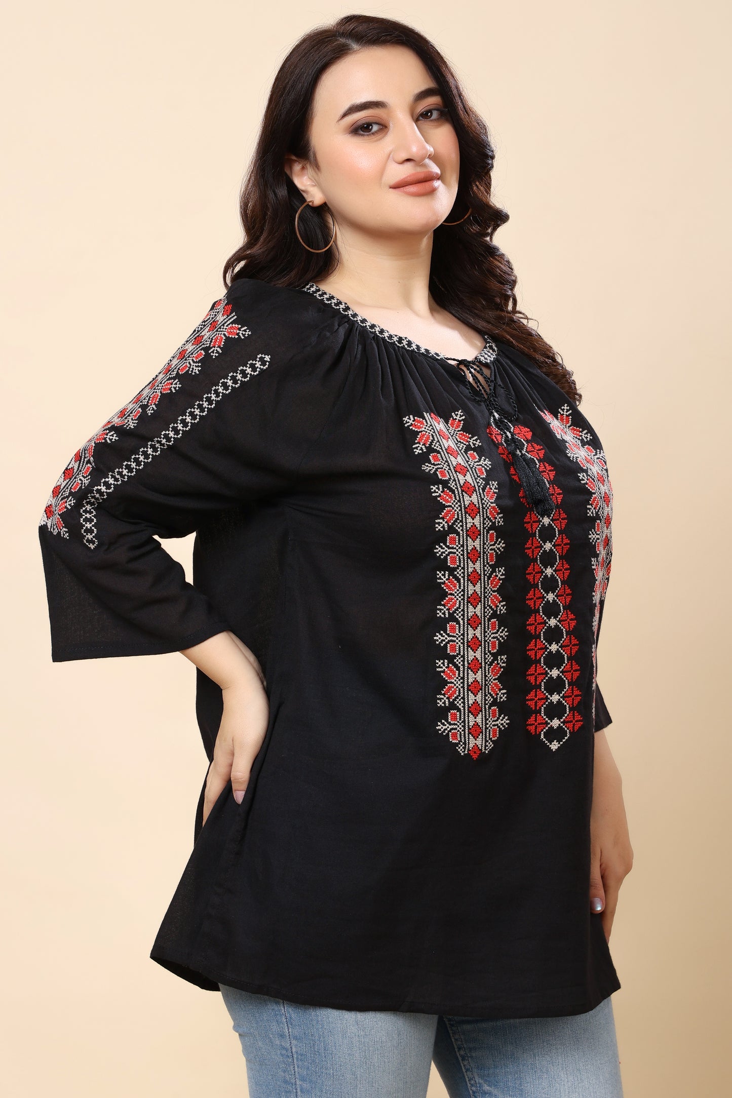 Black Embroidered Boho Top for Women – 3/4 Sleeves | Sizes S to 6XL | Casual & Everyday Wear