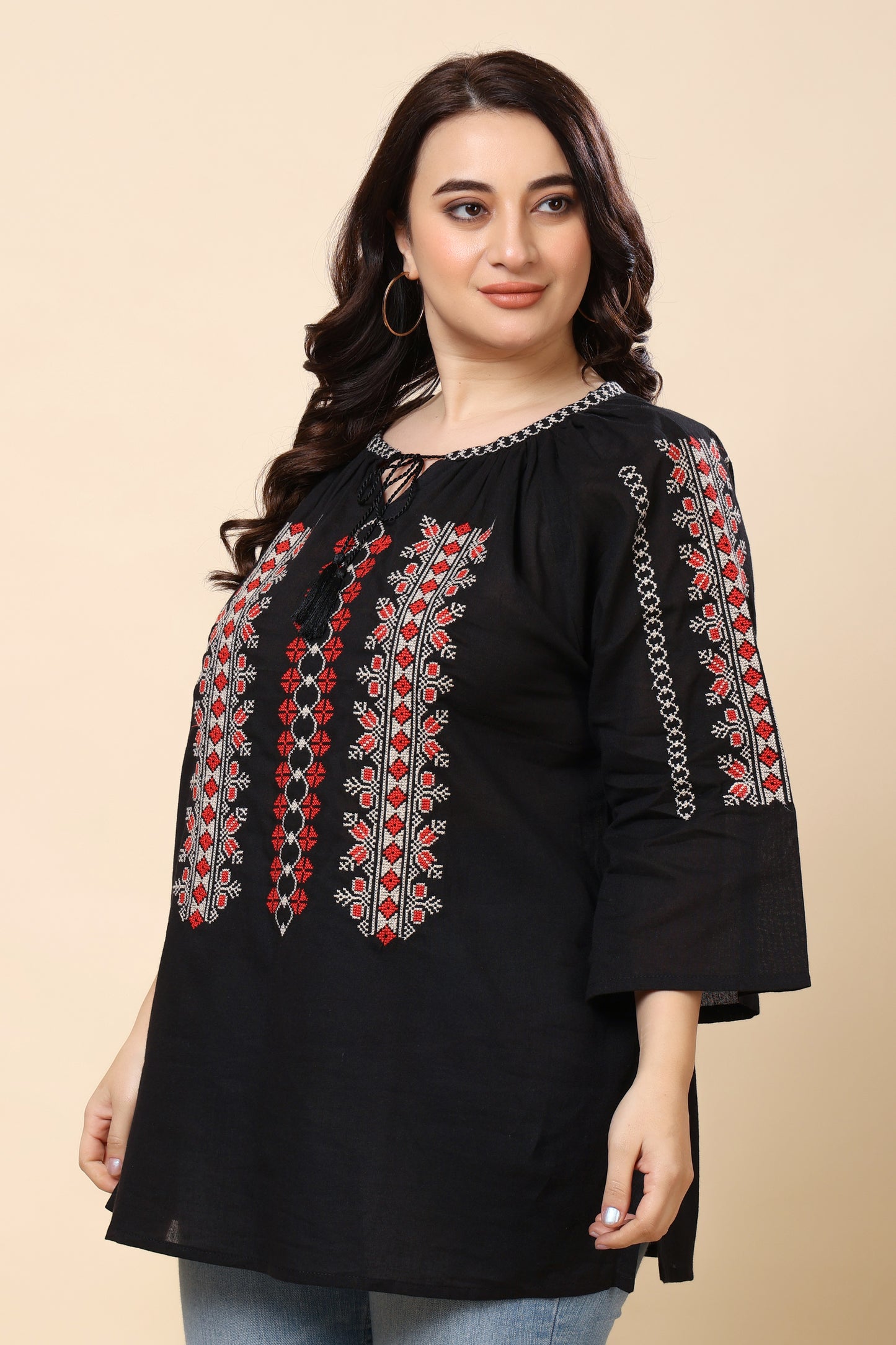Black Embroidered Boho Top for Women – 3/4 Sleeves | Sizes S to 6XL | Casual & Everyday Wear