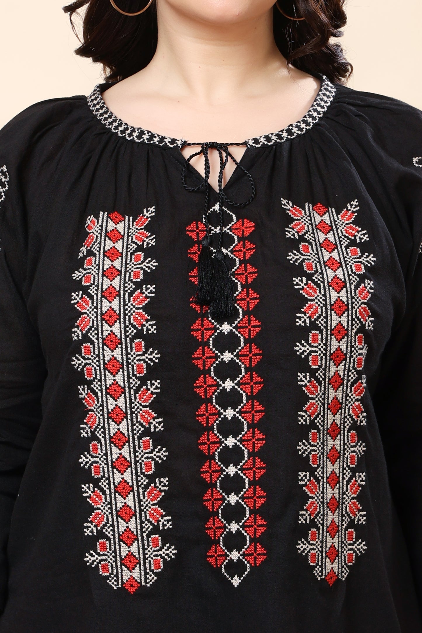 Black Embroidered Boho Top for Women – 3/4 Sleeves | Sizes S to 6XL | Casual & Everyday Wear