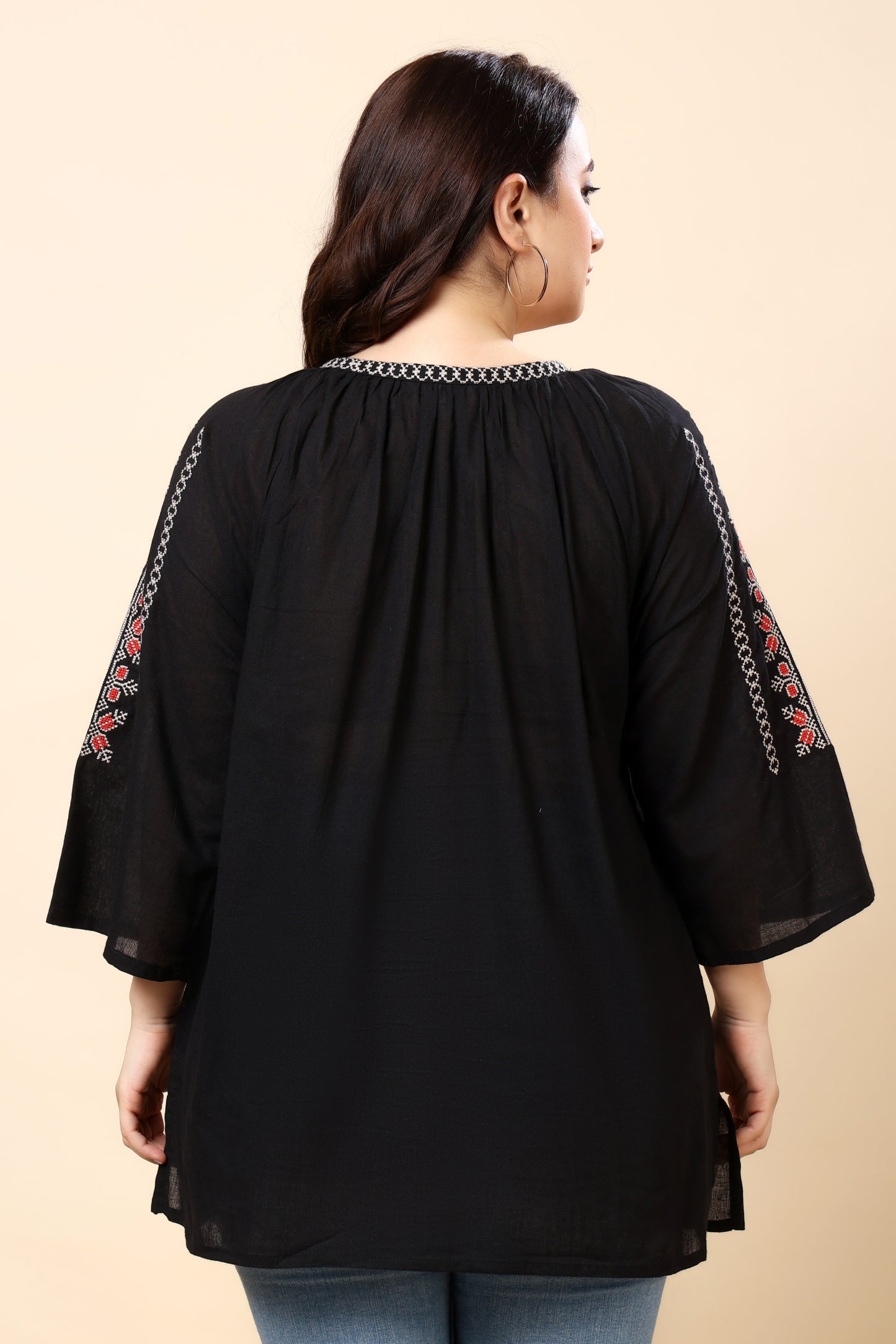 Black Embroidered Boho Top for Women – 3/4 Sleeves | Sizes S to 6XL | Casual & Everyday Wear