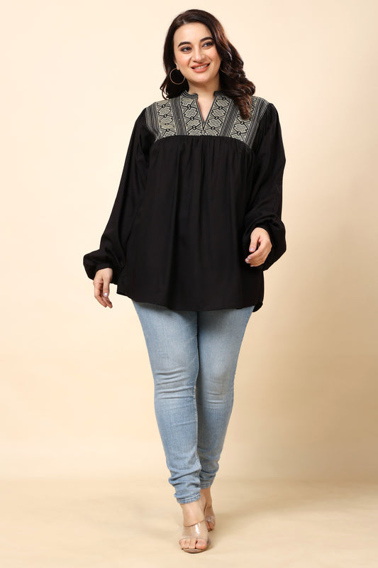 Black Embroidered Long-Sleeve Top for Women (Sizes S to 6XL)