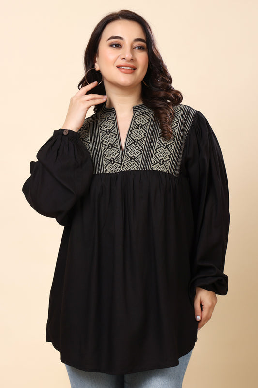 Black Embroidered Long-Sleeve Top for Women (Sizes S to 6XL)