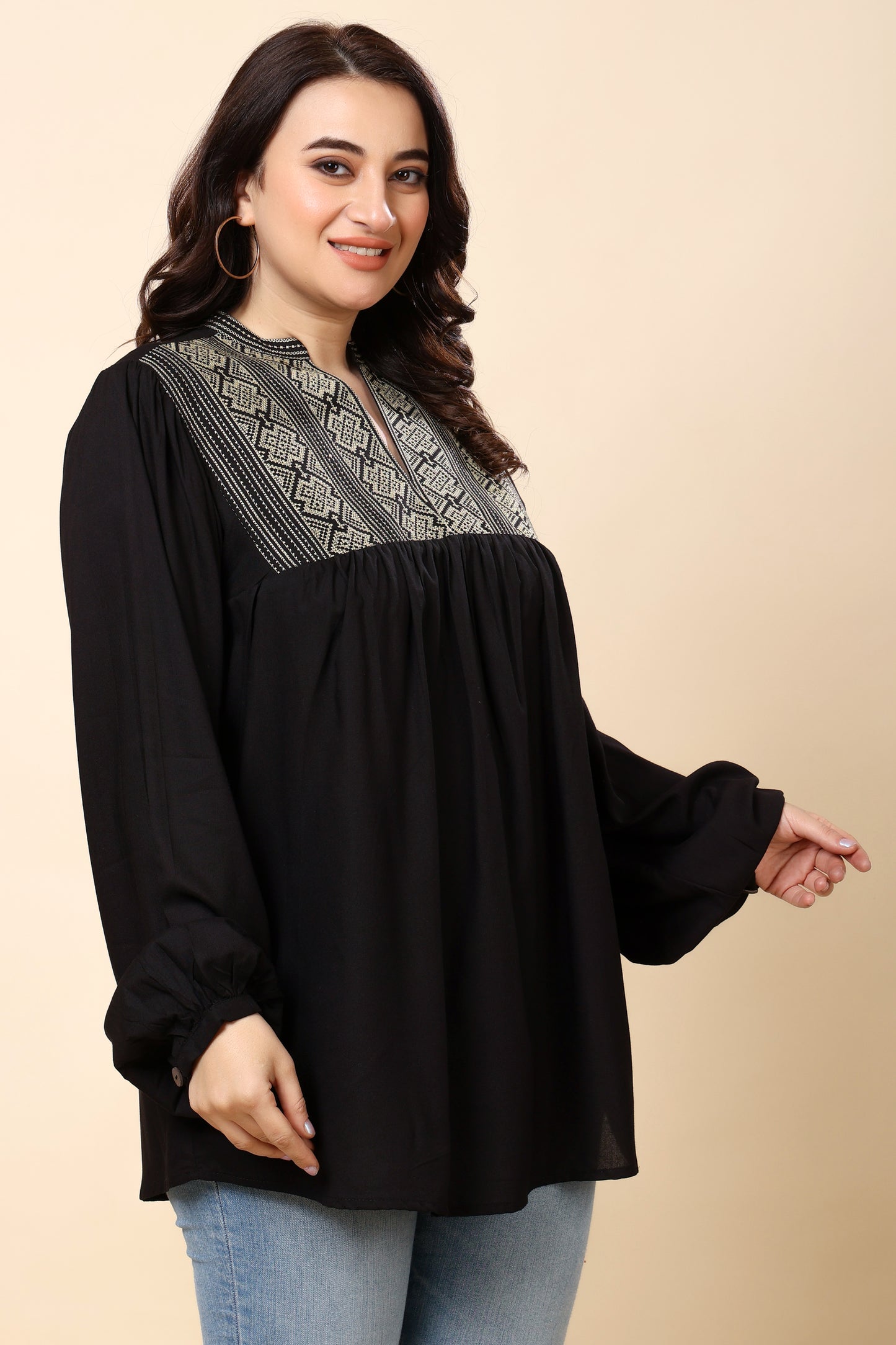 Black Embroidered Long-Sleeve Top for Women (Sizes S to 6XL)