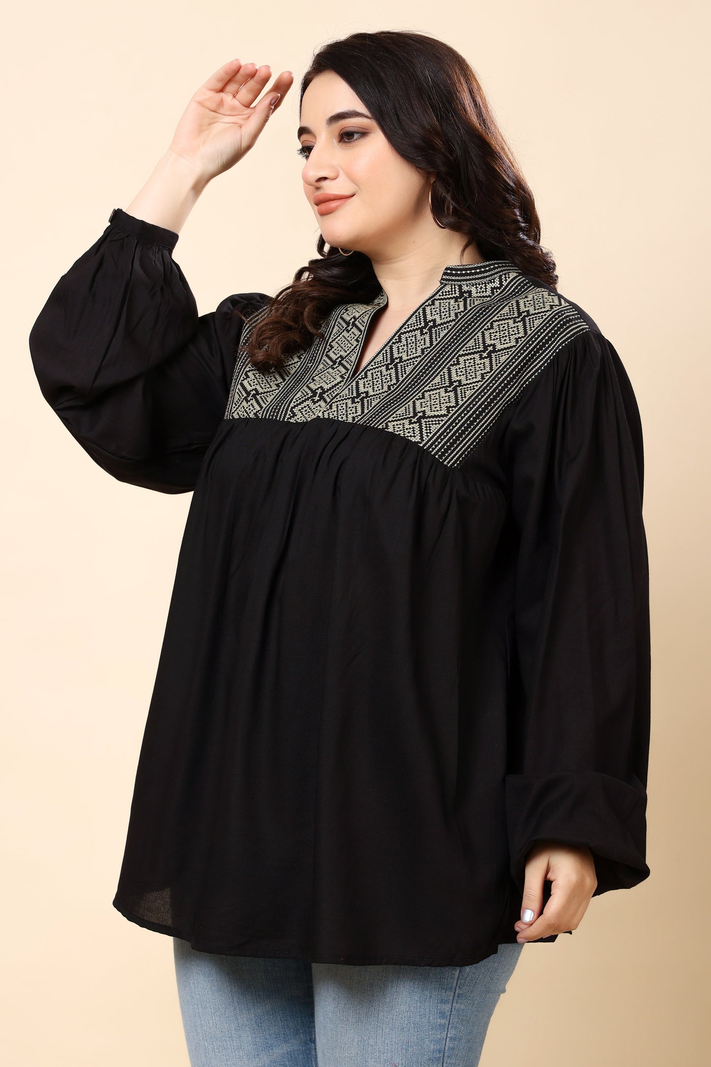Black Embroidered Long-Sleeve Top for Women (Sizes S to 6XL)