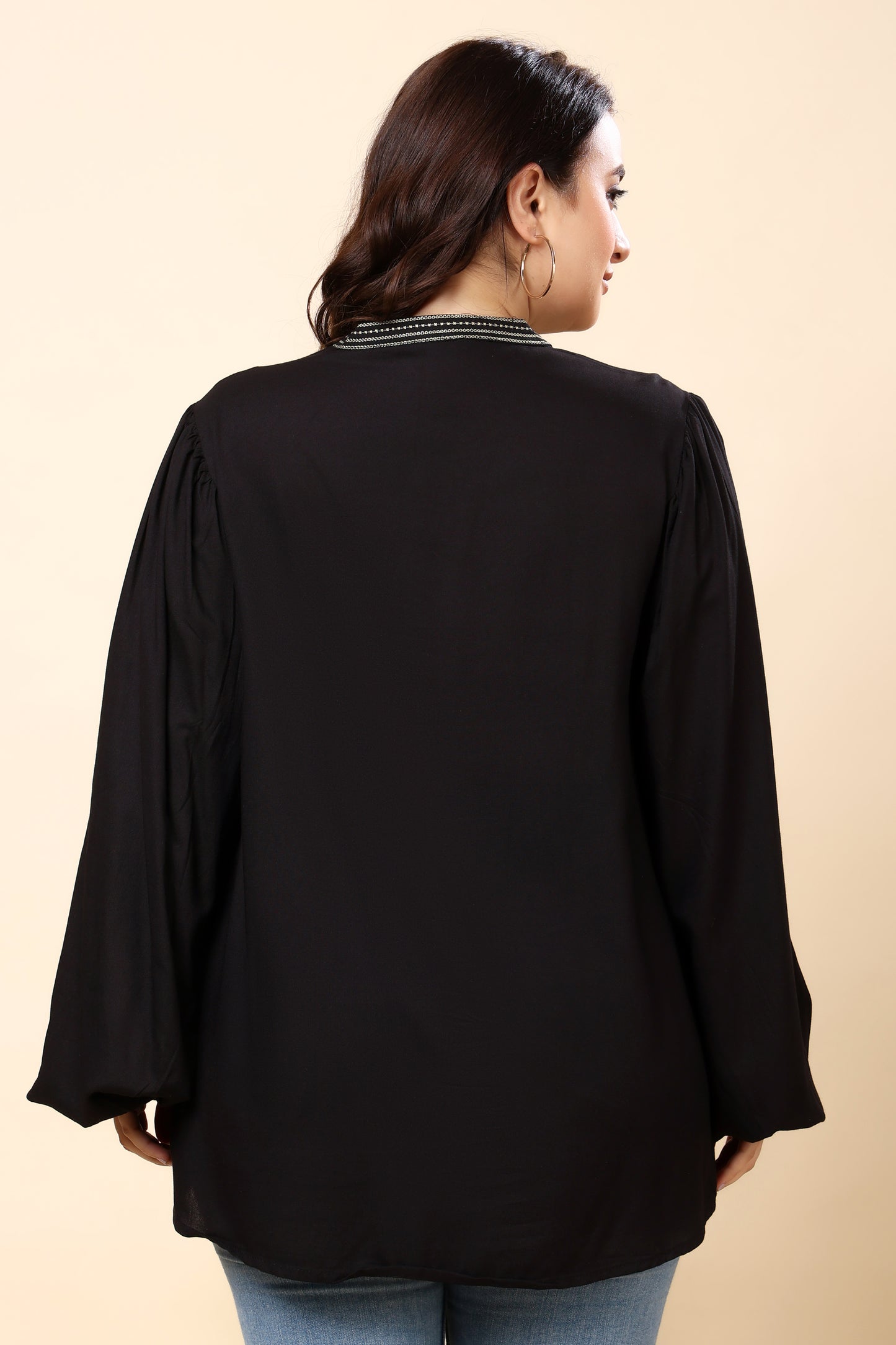 Black Embroidered Long-Sleeve Top for Women (Sizes S to 6XL)