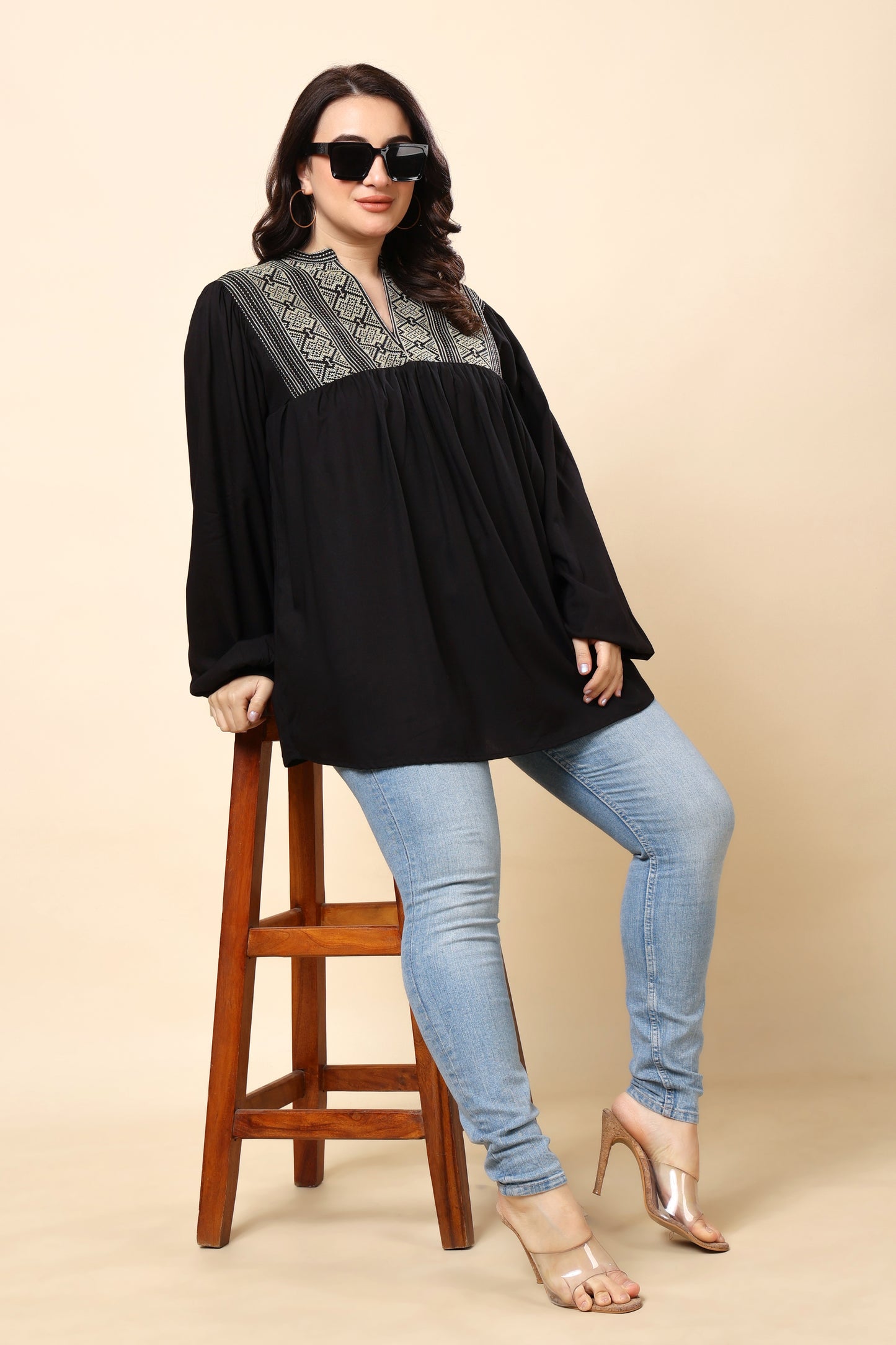 Black Embroidered Long-Sleeve Top for Women (Sizes S to 6XL)