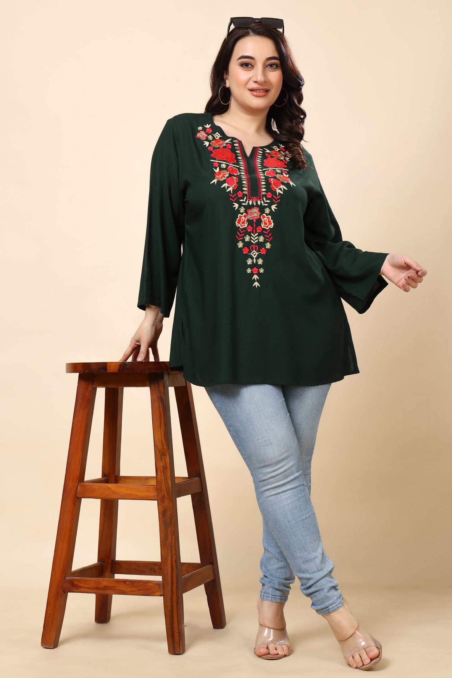 Green Embroidered Long-Sleeve Top for Women (Sizes S to 6XL)