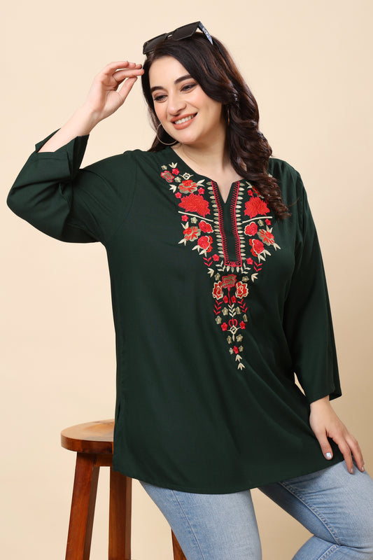 Green Embroidered Long-Sleeve Top for Women (Sizes S to 6XL)