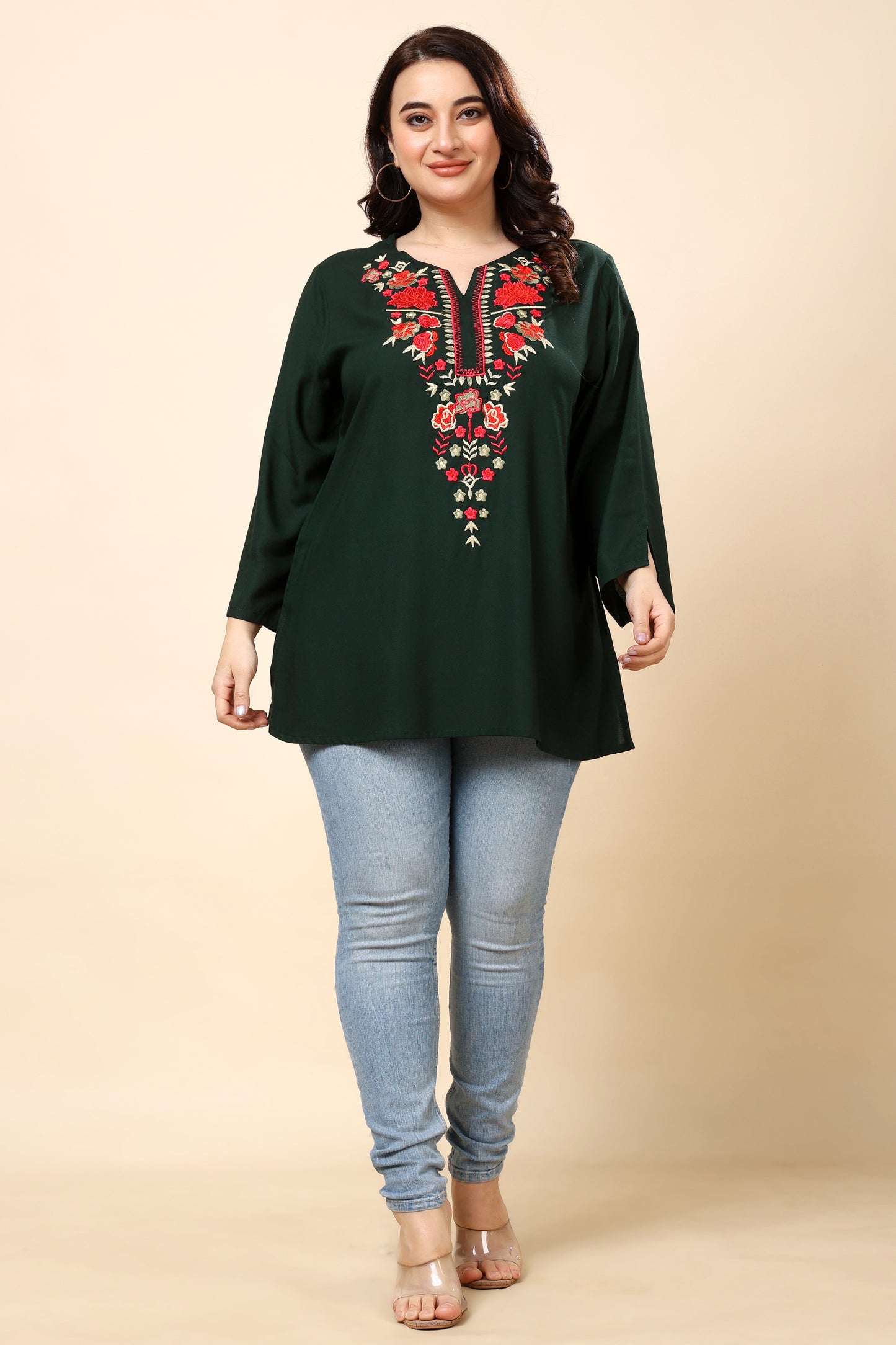 Green Embroidered Long-Sleeve Top for Women (Sizes S to 6XL)