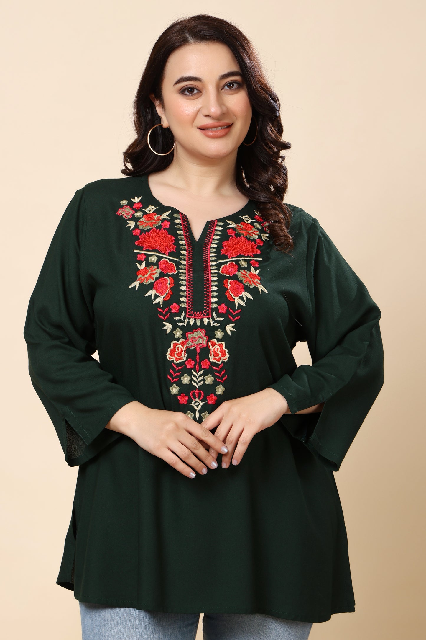 Green Embroidered Long-Sleeve Top for Women (Sizes S to 6XL)