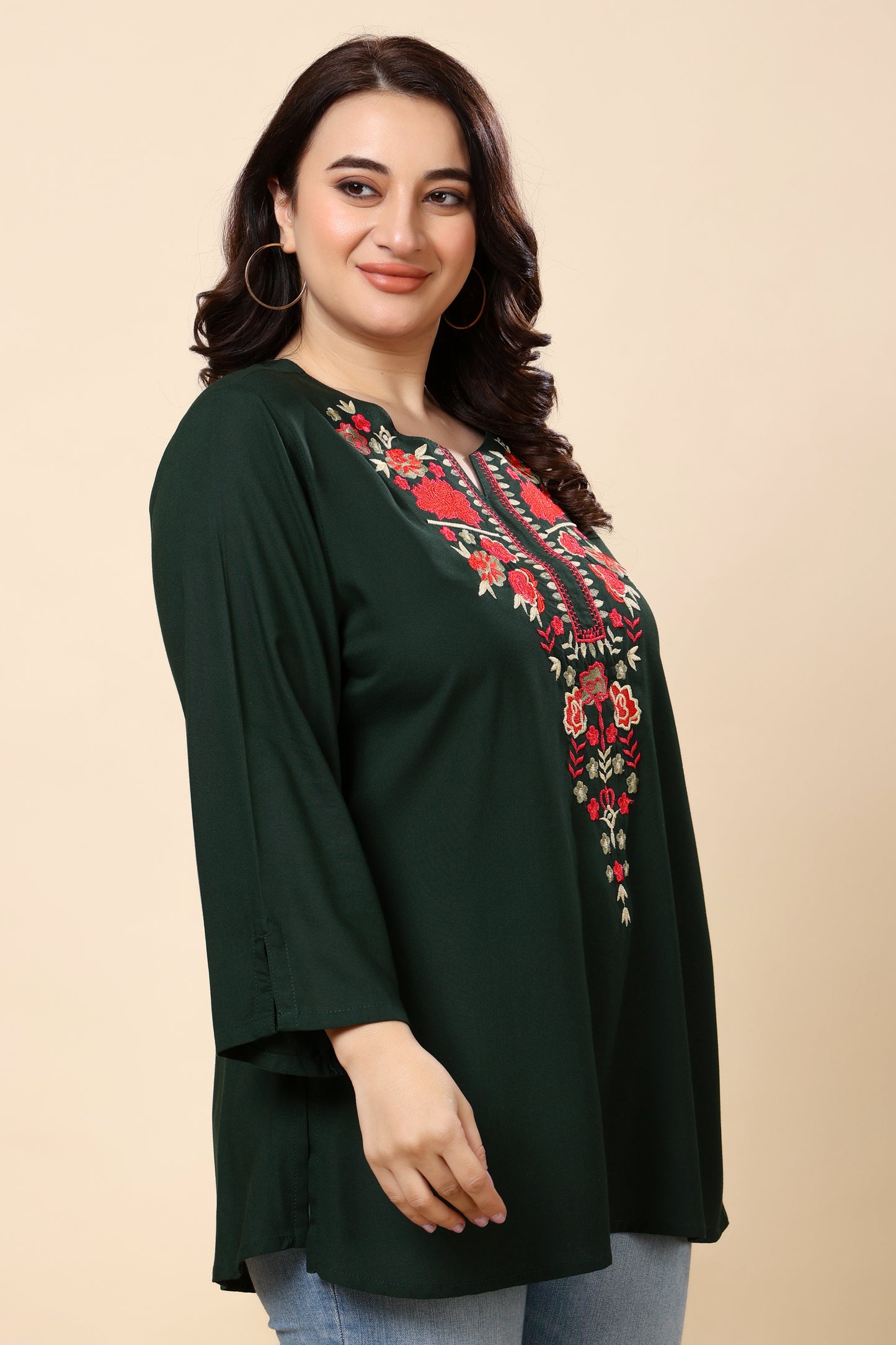 Green Embroidered Long-Sleeve Top for Women (Sizes S to 6XL)