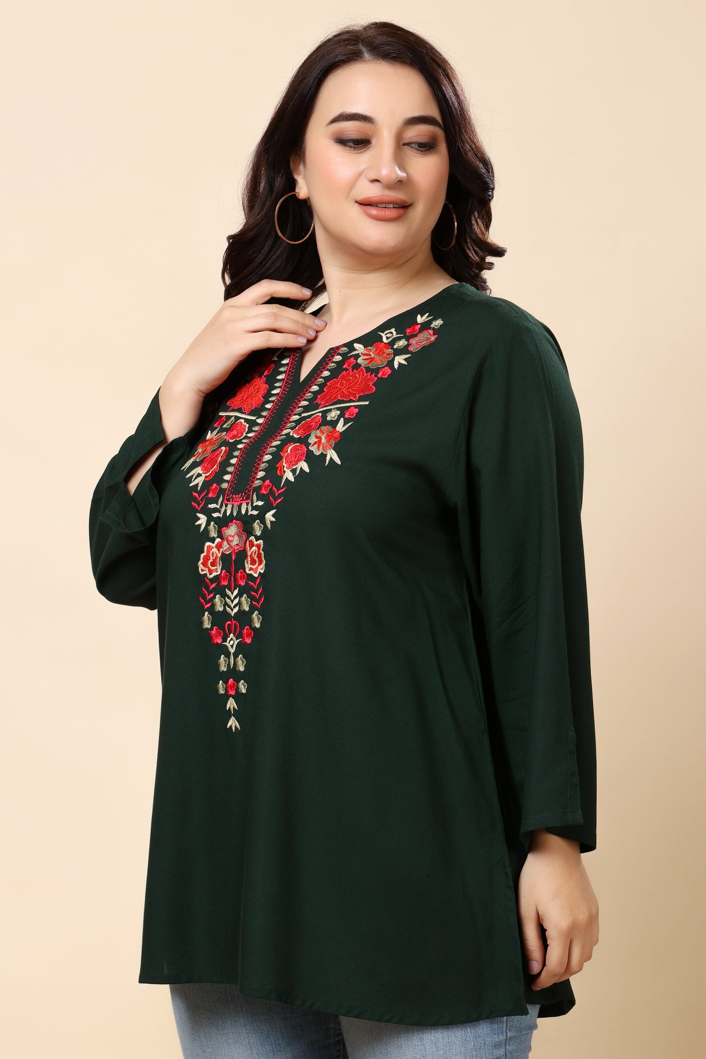 Green Embroidered Long-Sleeve Top for Women (Sizes S to 6XL)