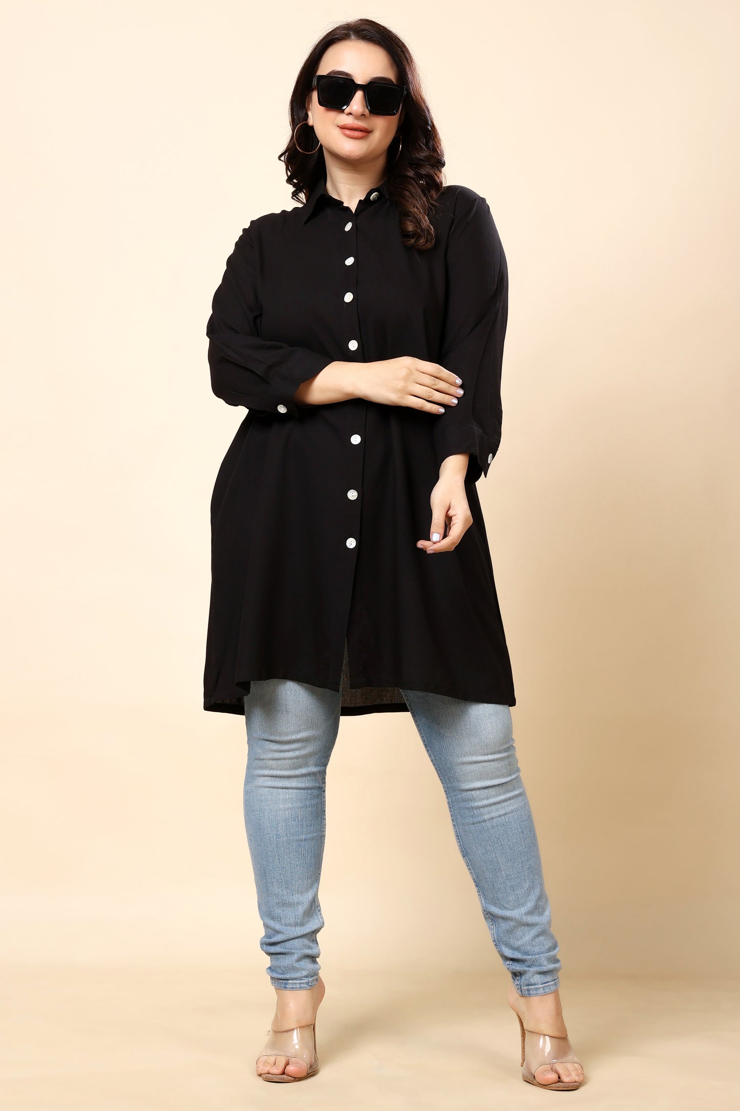 Black Button-Down Shirt Tunic for Women (Sizes S to 6XL)