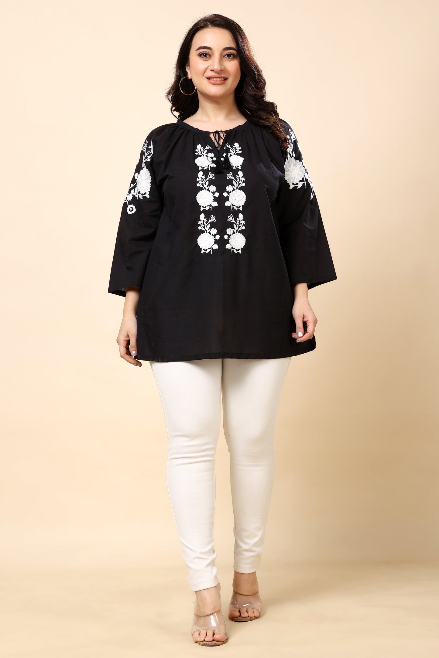 Black Embroidered Long-Sleeve Top for Women (Sizes S to 6XL)