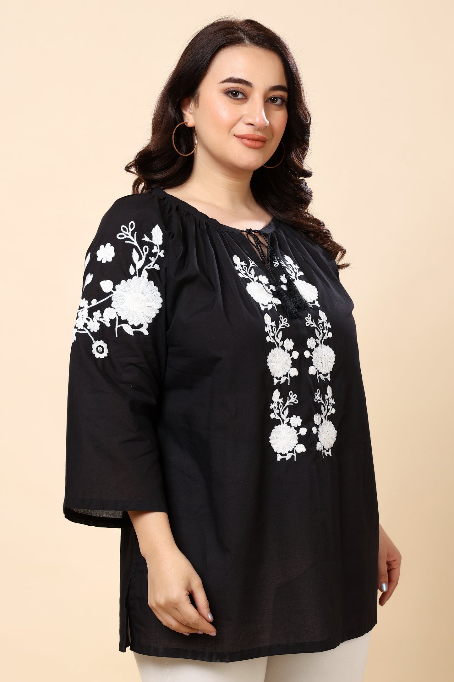 Black Embroidered Long-Sleeve Top for Women (Sizes S to 6XL)