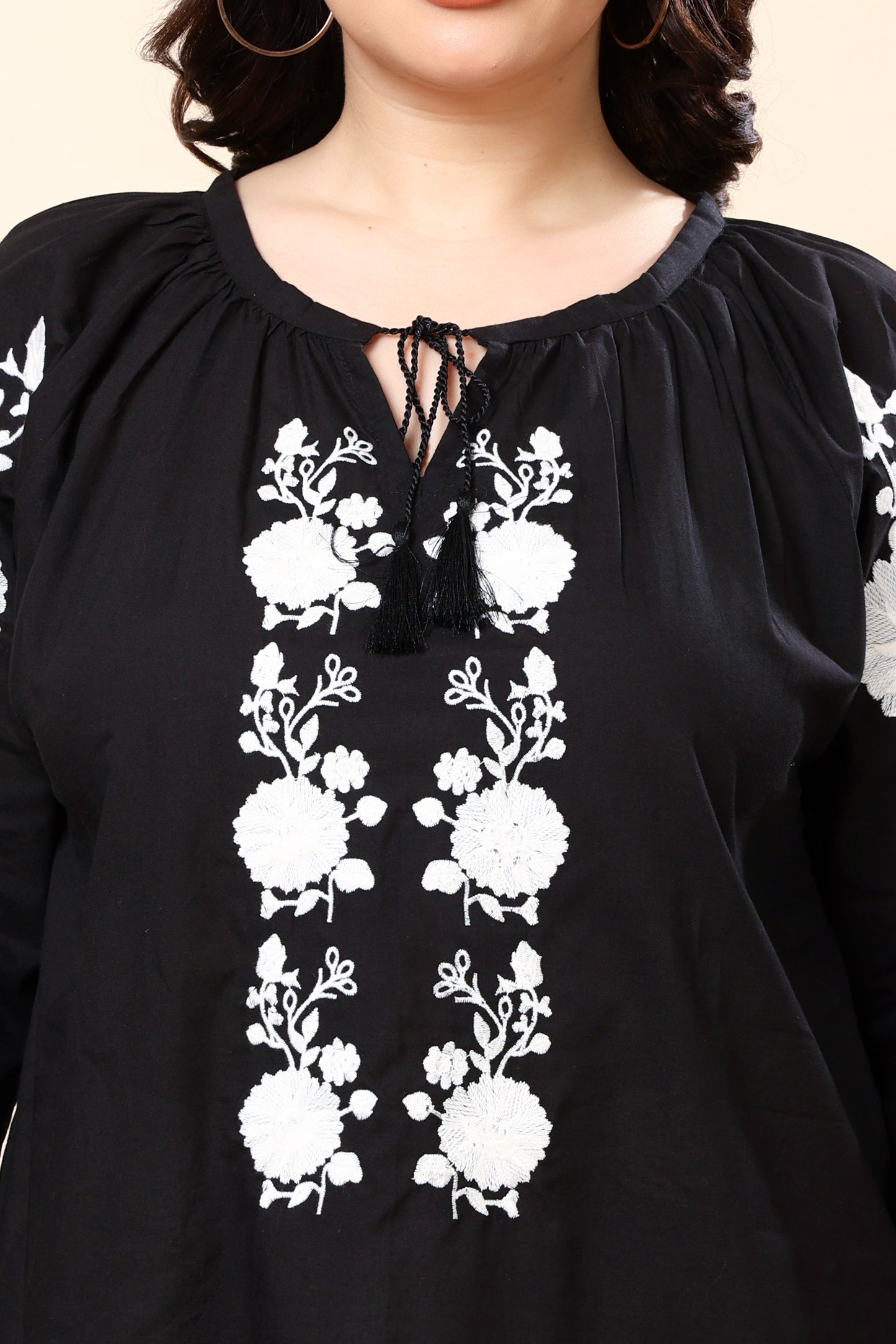 Black Embroidered Long-Sleeve Top for Women (Sizes S to 6XL)