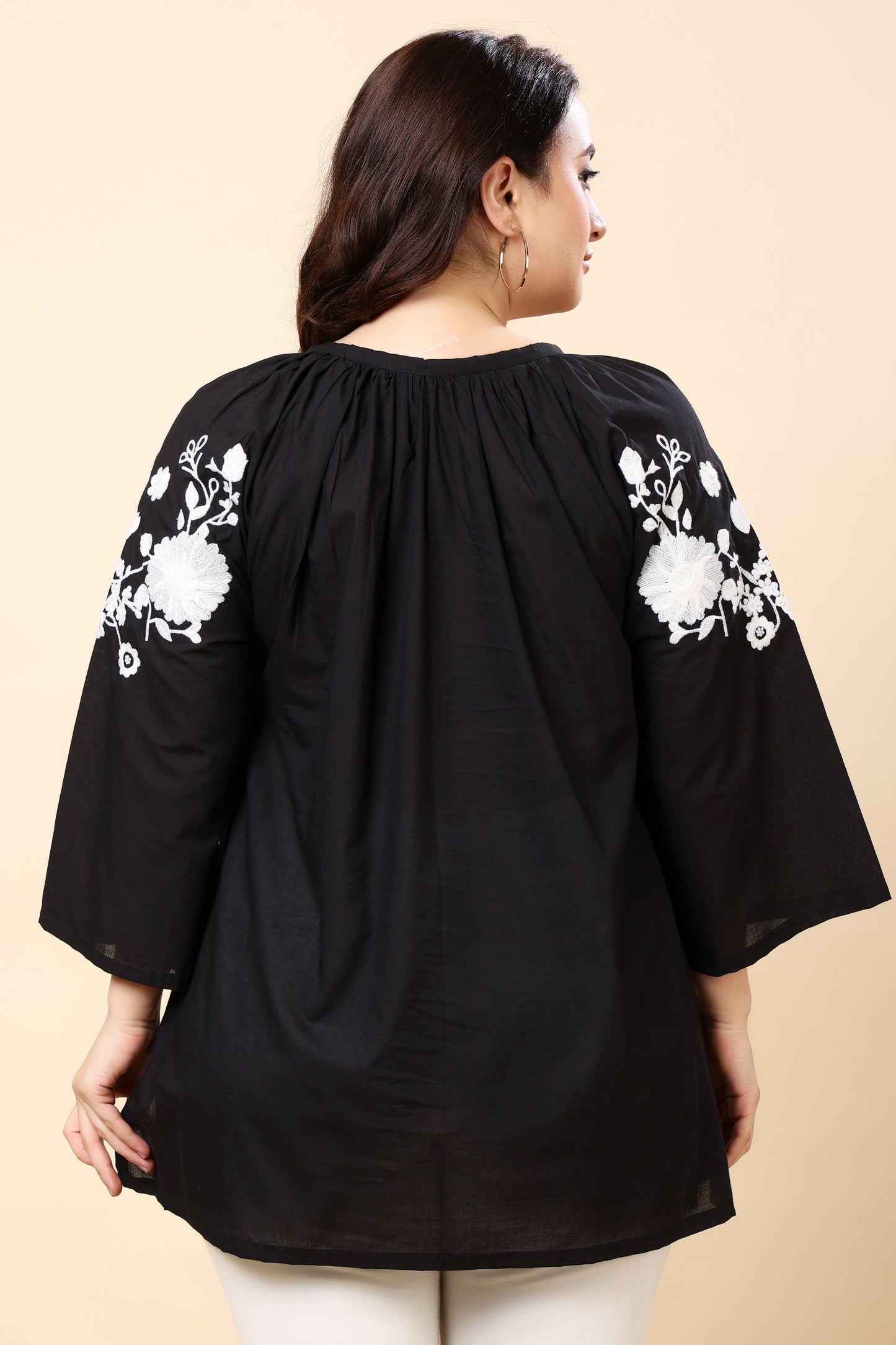 Black Embroidered Long-Sleeve Top for Women (Sizes S to 6XL)