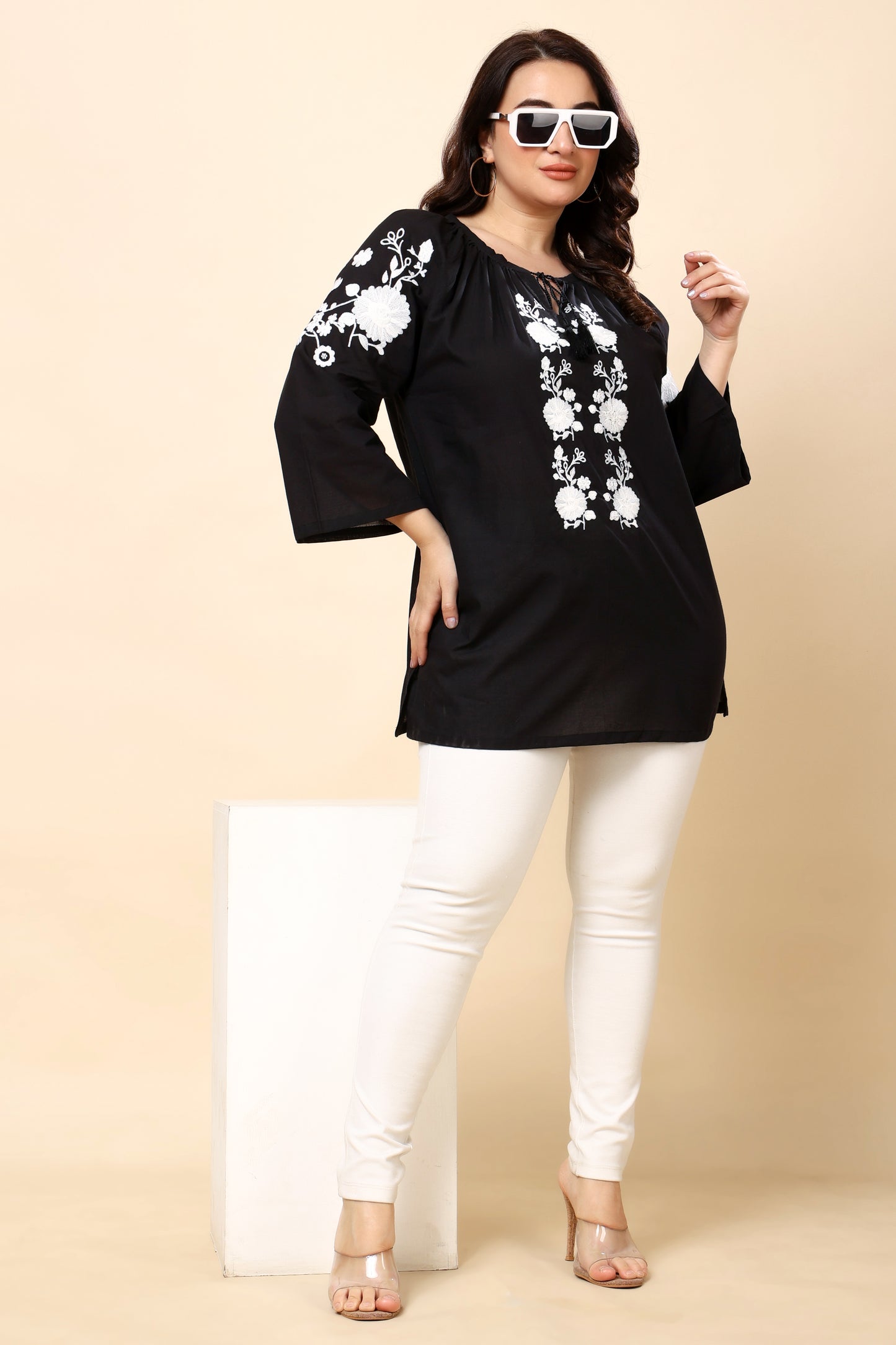 Black Embroidered Long-Sleeve Top for Women (Sizes S to 6XL)