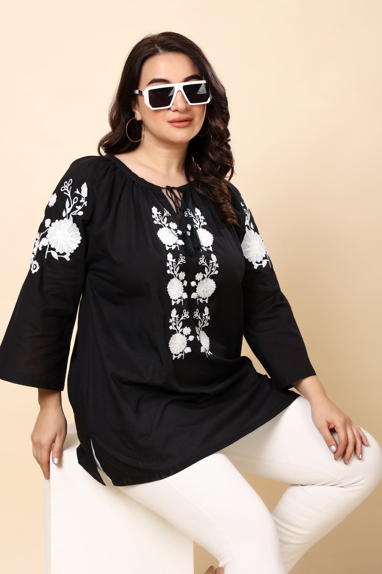 Black Embroidered Long-Sleeve Top for Women (Sizes S to 6XL)