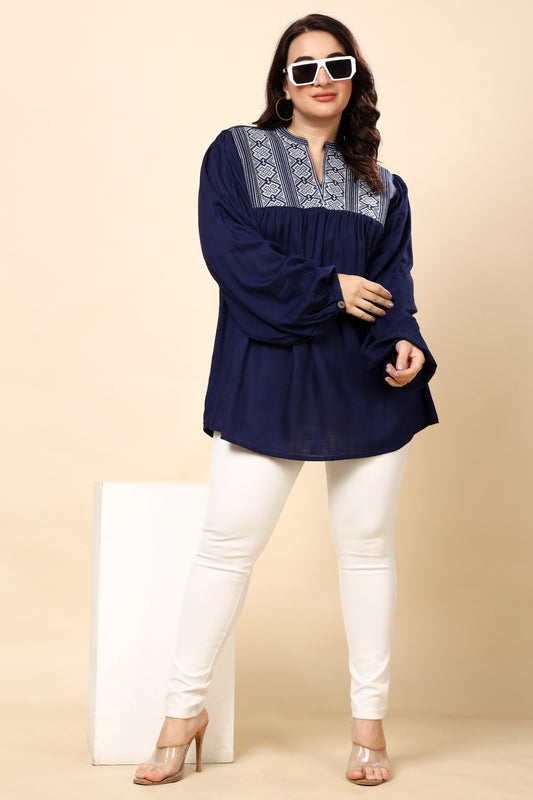 Navy Embroidered Long-Sleeve Top for Women (Sizes S to 6XL)