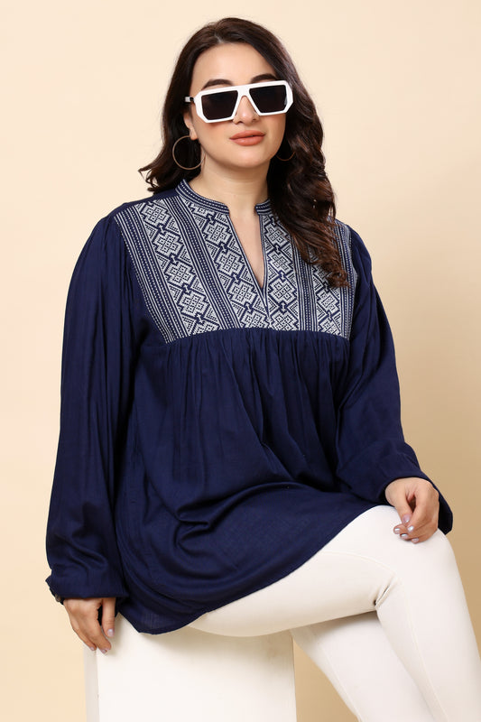Navy Embroidered Long-Sleeve Top for Women (Sizes S to 6XL)