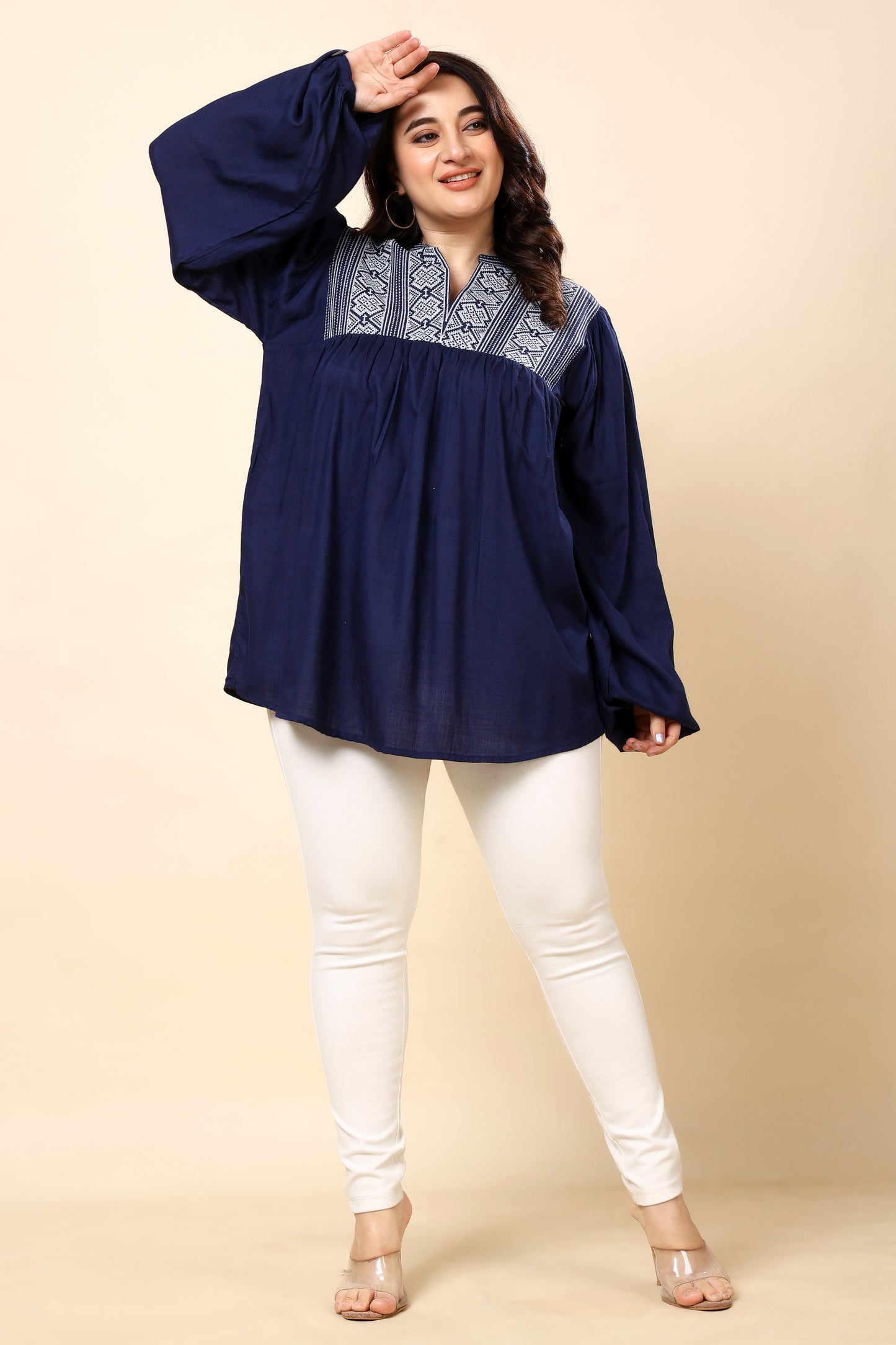 Navy Embroidered Long-Sleeve Top for Women (Sizes S to 6XL)