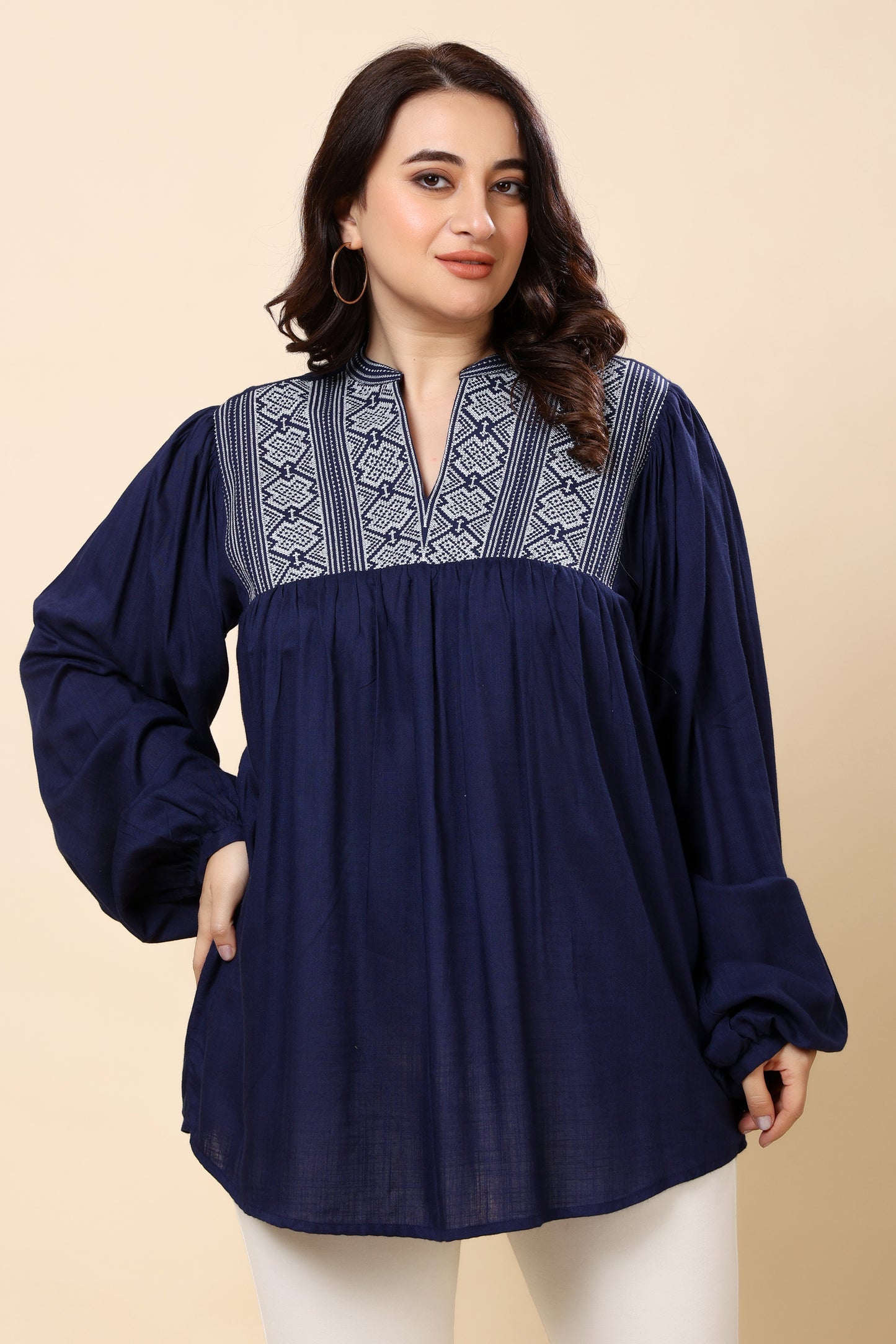 Navy Embroidered Long-Sleeve Top for Women (Sizes S to 6XL)