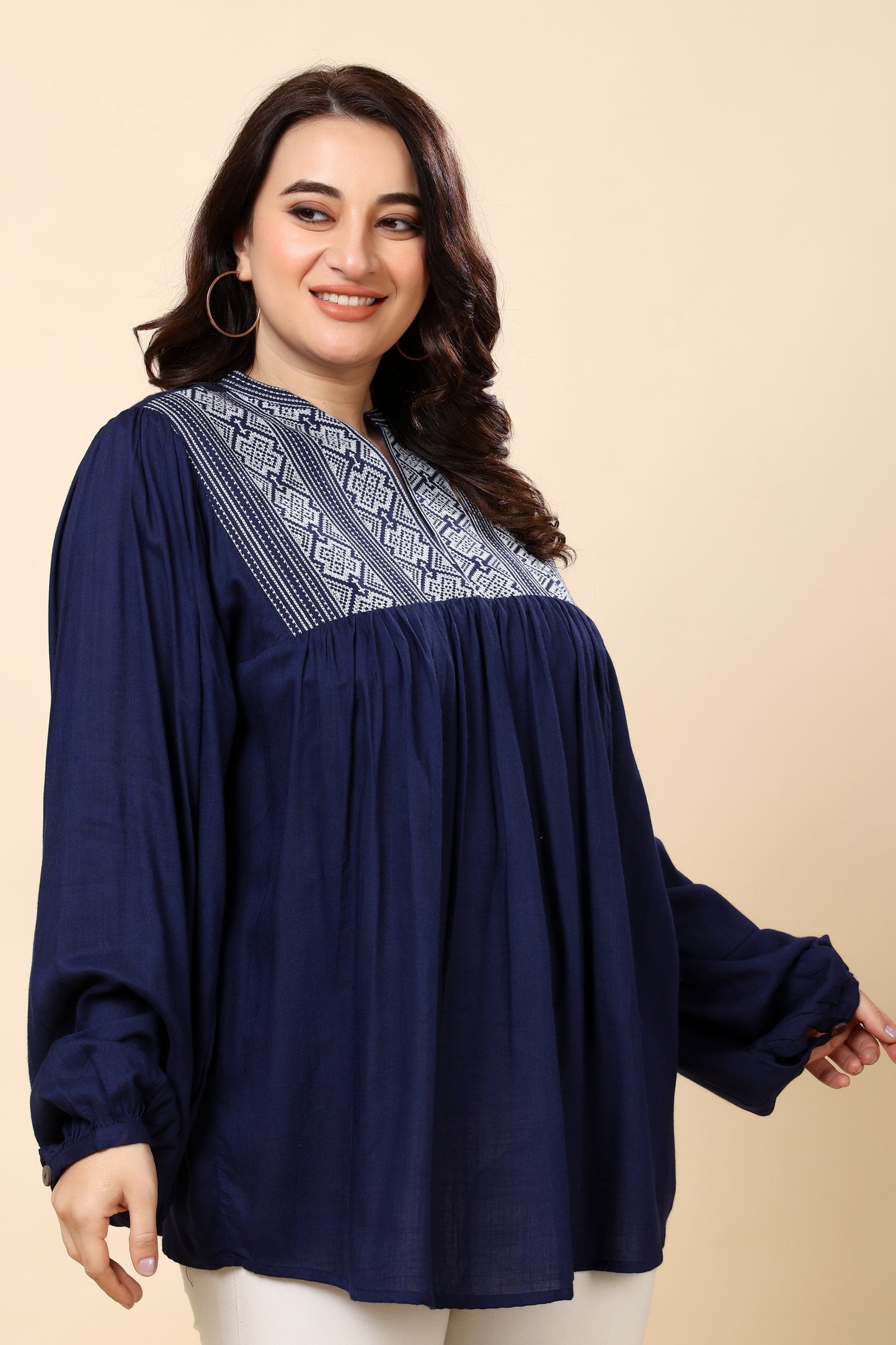 Navy Embroidered Long-Sleeve Top for Women (Sizes S to 6XL)