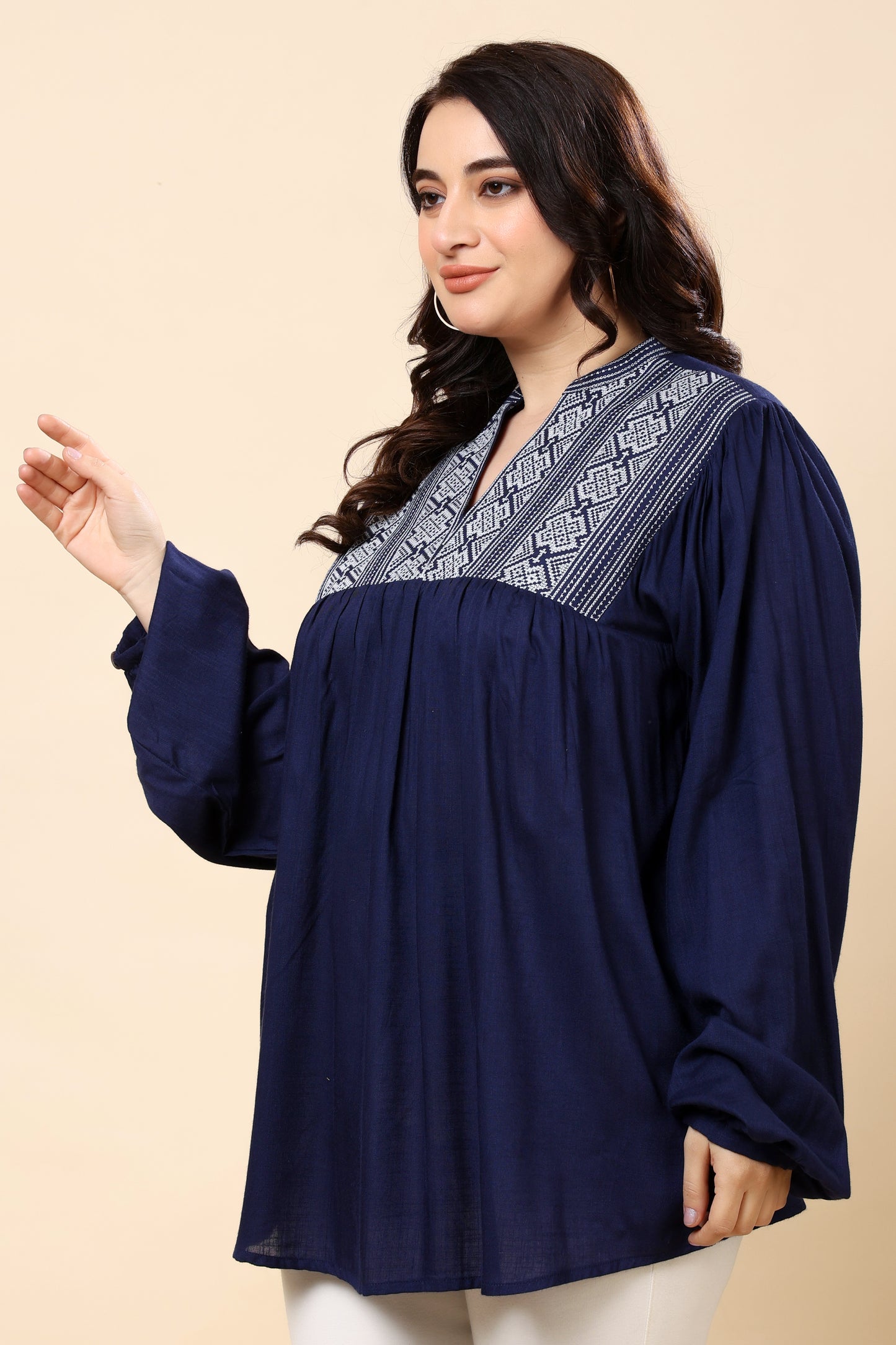 Navy Embroidered Long-Sleeve Top for Women (Sizes S to 6XL)