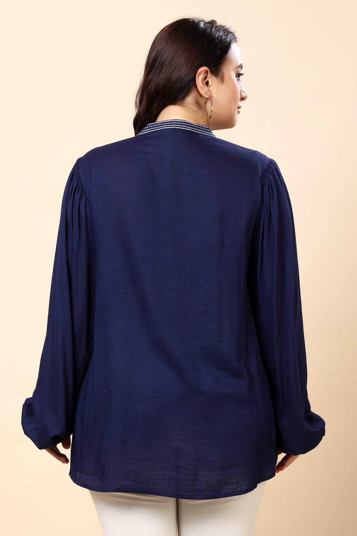 Navy Embroidered Long-Sleeve Top for Women (Sizes S to 6XL)