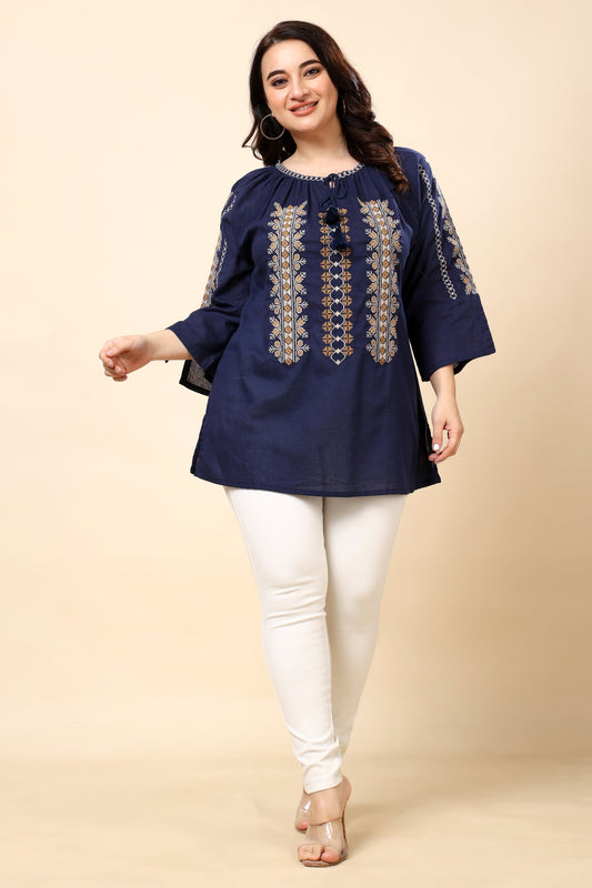 Navy Embroidered 3/4 Sleeve Top for Women (Sizes S to 6XL)