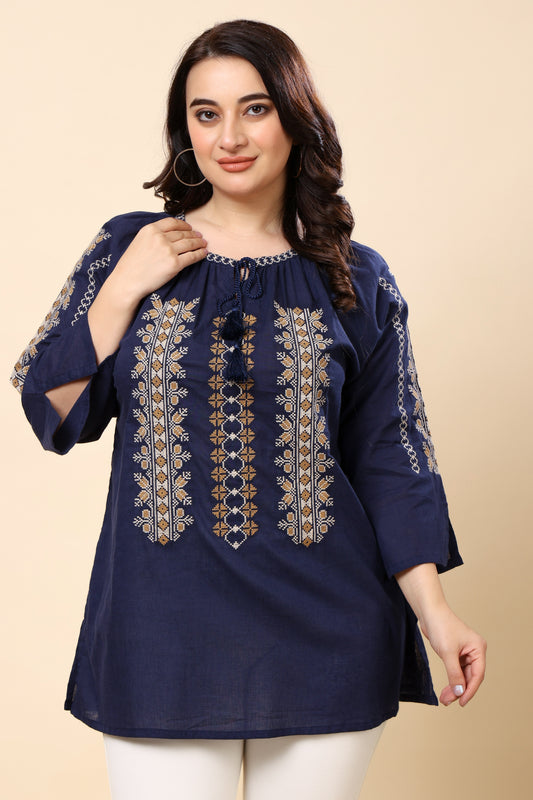 Navy Embroidered 3/4 Sleeve Top for Women (Sizes S to 6XL)
