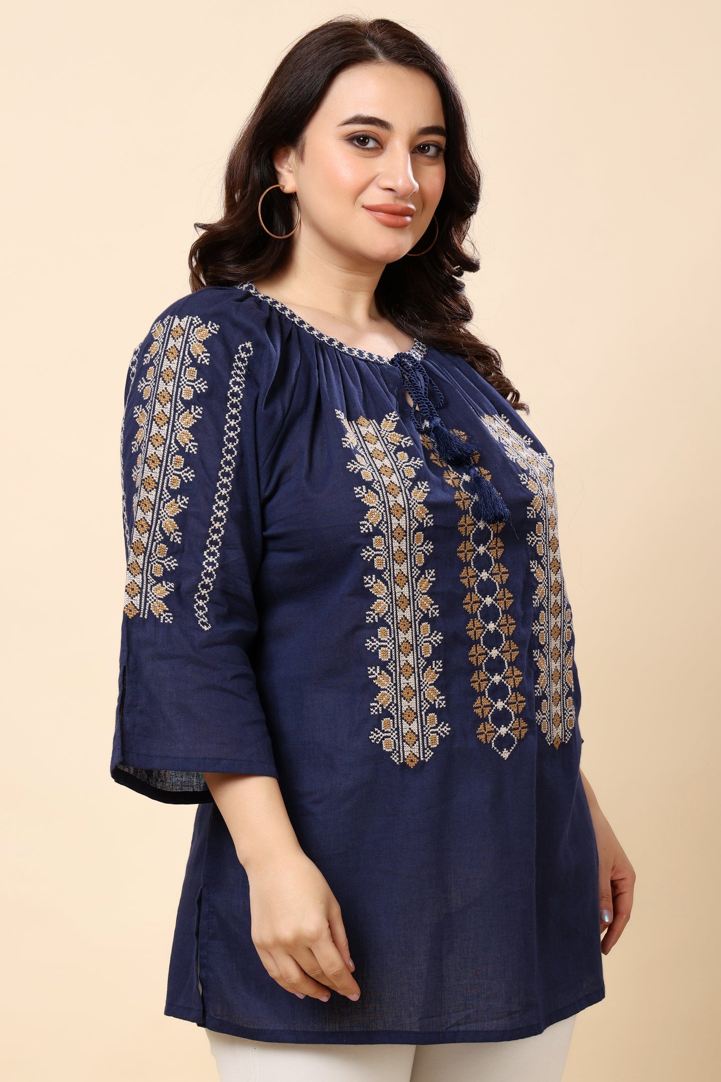 Navy Embroidered 3/4 Sleeve Top for Women (Sizes S to 6XL)
